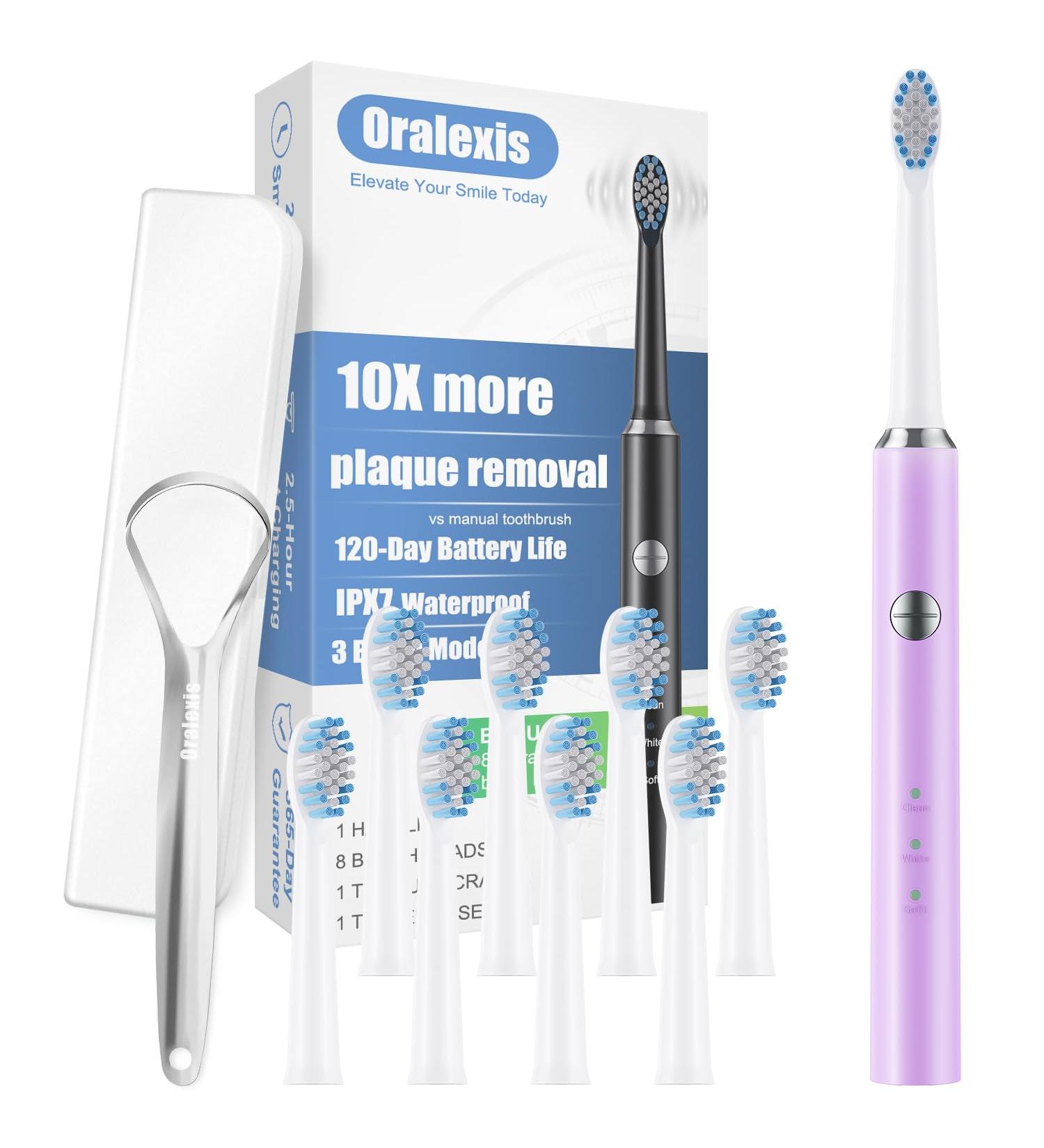 Electric Toothbrush for Adults & Kids - 8 Brush Heads Tongue Scraper 120-Day Battery 40000 VPM Sonic Cleaning - Purple Soft Travel Toothbrush - Buy Online on GoSupps.com
