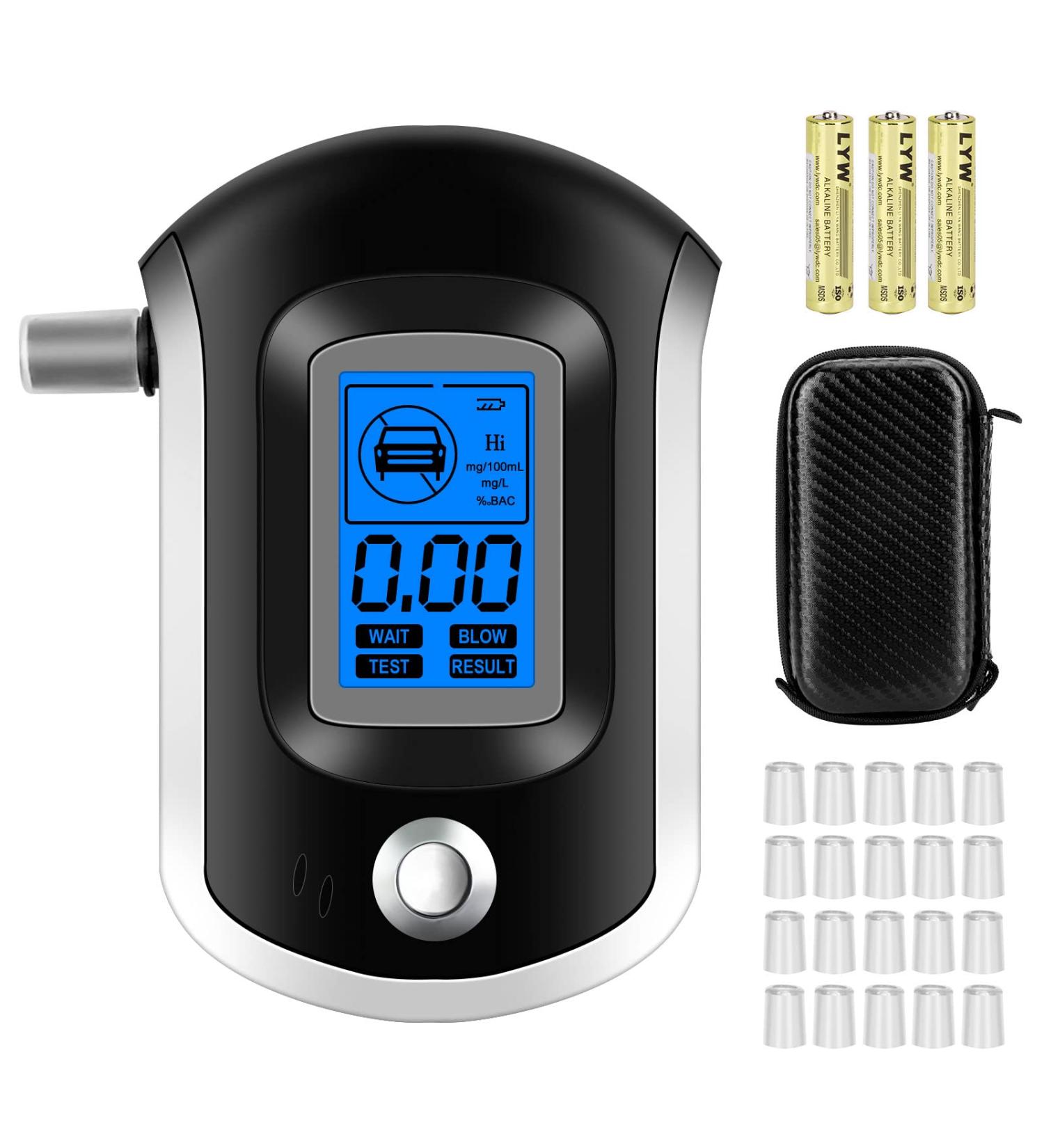 Professional Alcohol Breathalyzer with 20 Mouthpieces - Portable Digital Blood Alcohol Tester for Home Parties - Black - Buy Online on GoSupps.com