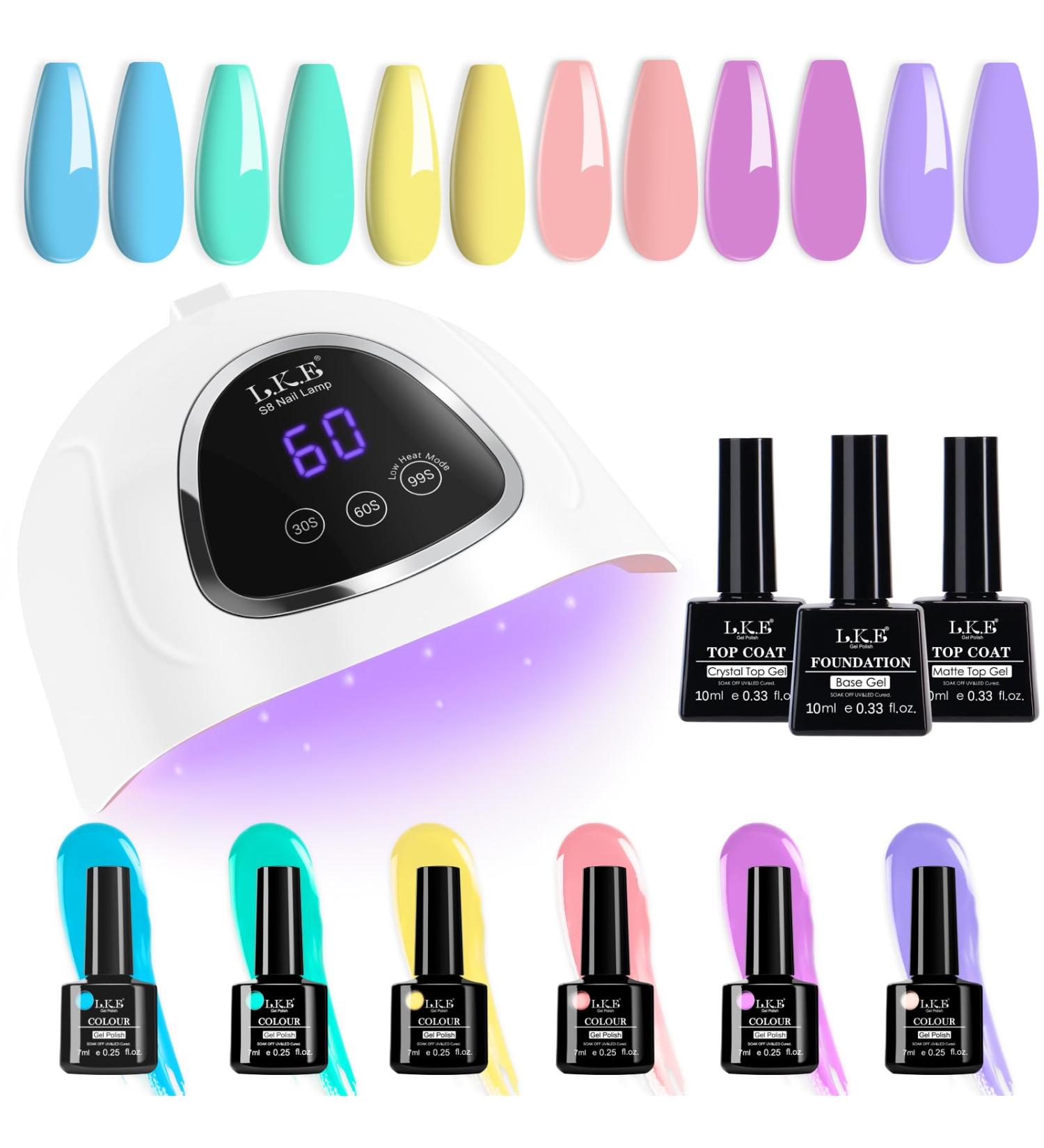 LKE Gel Nail Polish Kit with 72W UV Lamp | 6 Macaron Colors + Top & Base Coat | Manicure DIY Gifts for Women - Buy Online on GoSupps.com