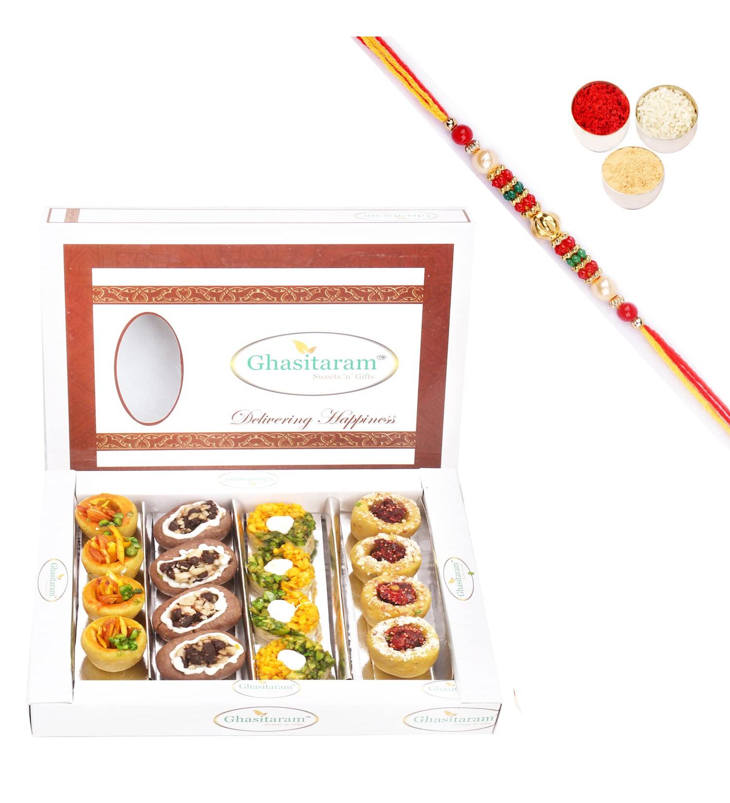 Ghasitaram Gifts Rakhi Gifts for Brothers Rakhi Sweets - Ghasitaram Gifts Assorted Box of Anjeer Basket Kesar Pista Delight Choco Boat and Almond Basket 400 GMS with Beads Rakhi - Buy Online on GoSupps.com