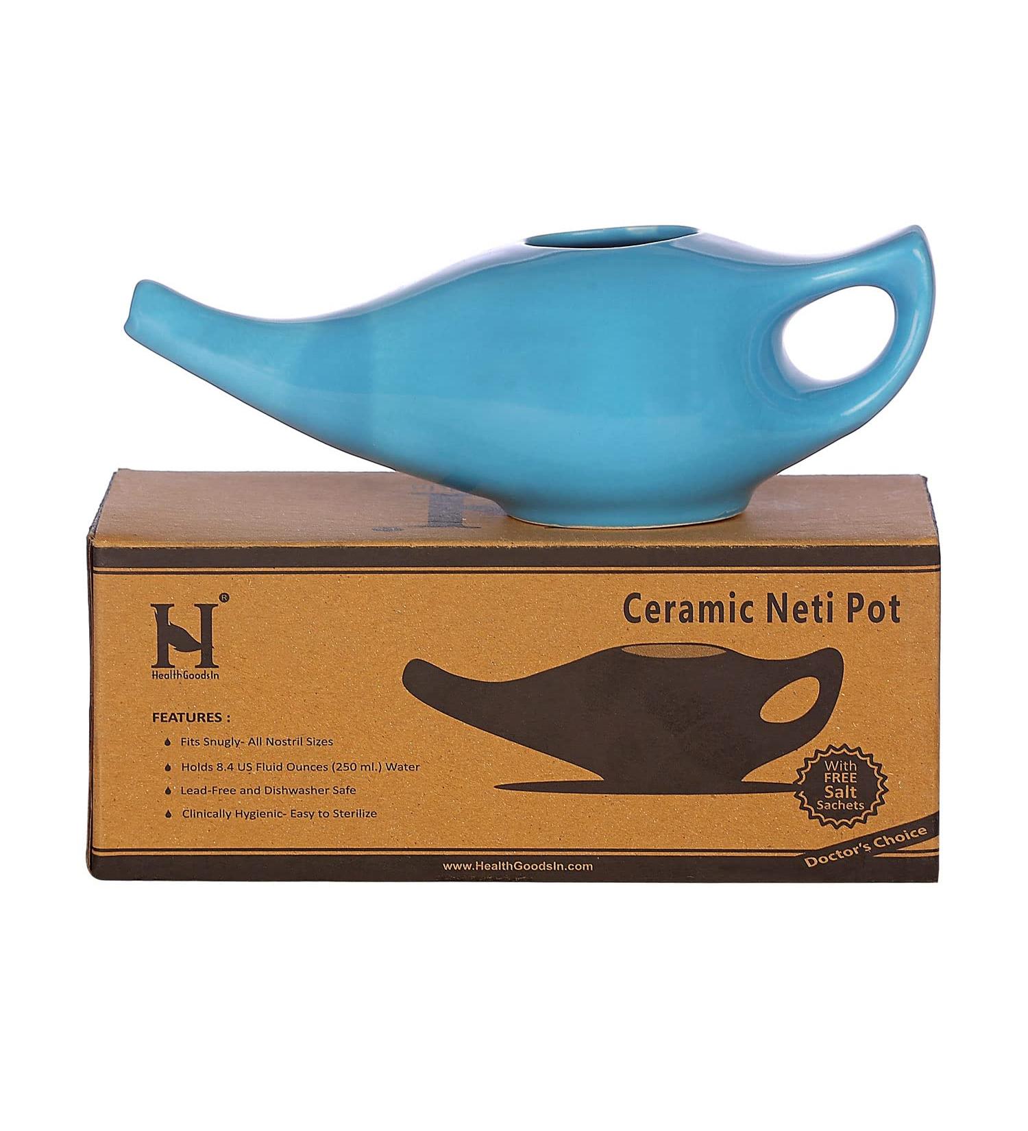 Handcrafted Ceramic Neti Pot Nose Cleaner for Sinus Relief - 225ml Capacity, Dishwasher Safe - Blue - Buy Online on GoSupps.com