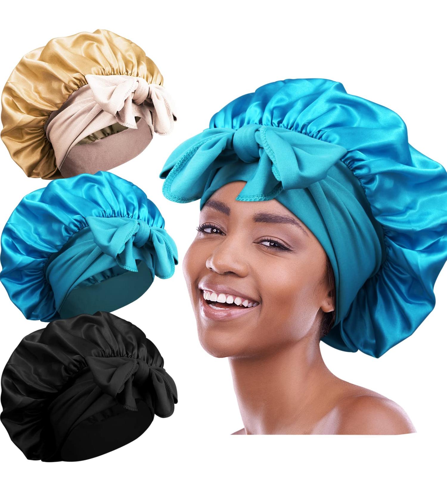3pcs Satin Bonnets for Black Women - Large Silky Bonnet Set in B- Black, Peacock Blue, Rose Gold - Buy Online on GoSupps.com