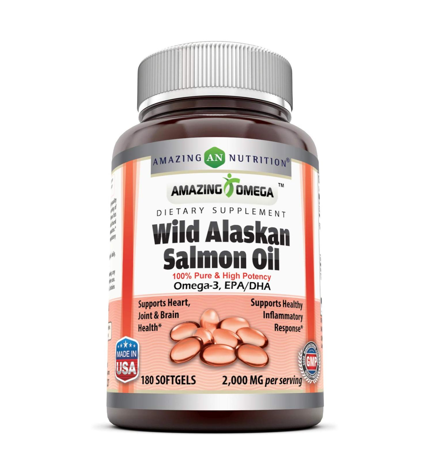 Amazing Omega Wild Alaskan Salmon Oil Softgels (Non-GMO) - 2000mg - Heart, Joint & Brain Health Support -180 Softgels - Buy Online on GoSupps.com