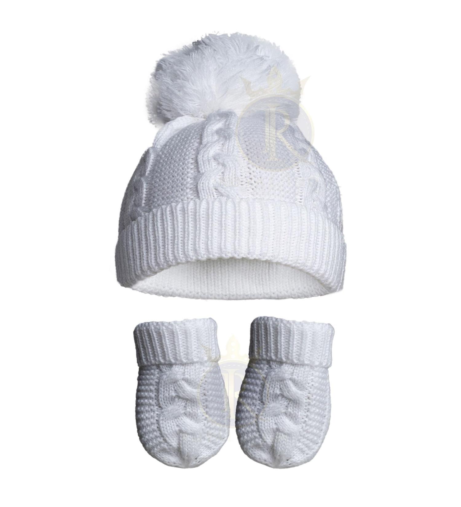 Royal Icon Baby Knitted Pom Pom Hat with Mittens Baby Boys Girls Winter Hat Mittens Set Cable Knit Single Pom Pom Bubble Hat Colours Available NB-12 Months RI6512 0-12 Months White