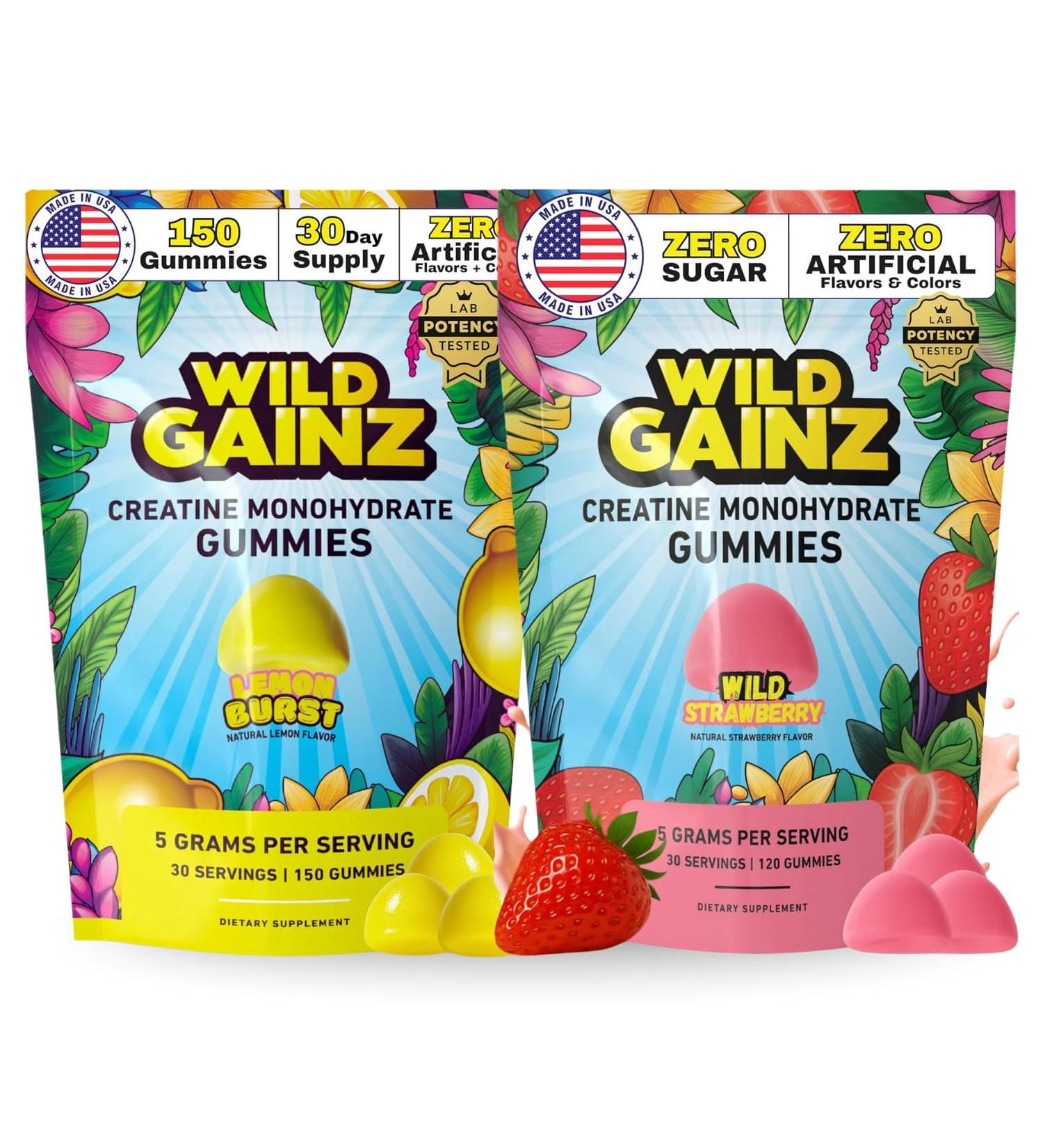 WILD GAINZ Creatine Monohydrate Gummies Bundle Strawberry & Lemon | 5000mg Sugar-Free Vegan Non-GMO Gluten-Free | Supports Muscle Growth Strength & Focus | Made in USA 270 Total Chews - Buy Online on GoSupps.com
