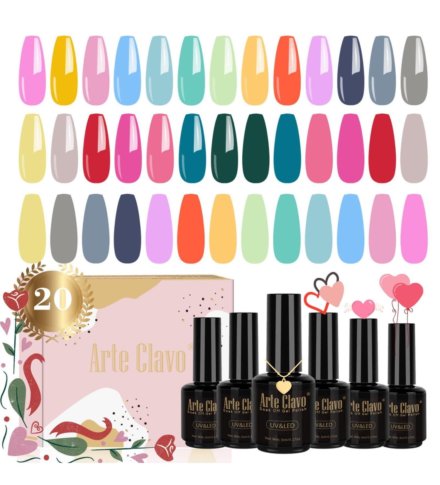 Arte Clavo Gel Nail Polish Set - 20 Colors 5ml All Seasons Collection - Nude Gray Pink Blue Glitter Starter Kit - Soak off, Nail Lamp, Nail Art Manicure - DIY Salon Home Gift for Women - Buy Online on GoSupps.com
