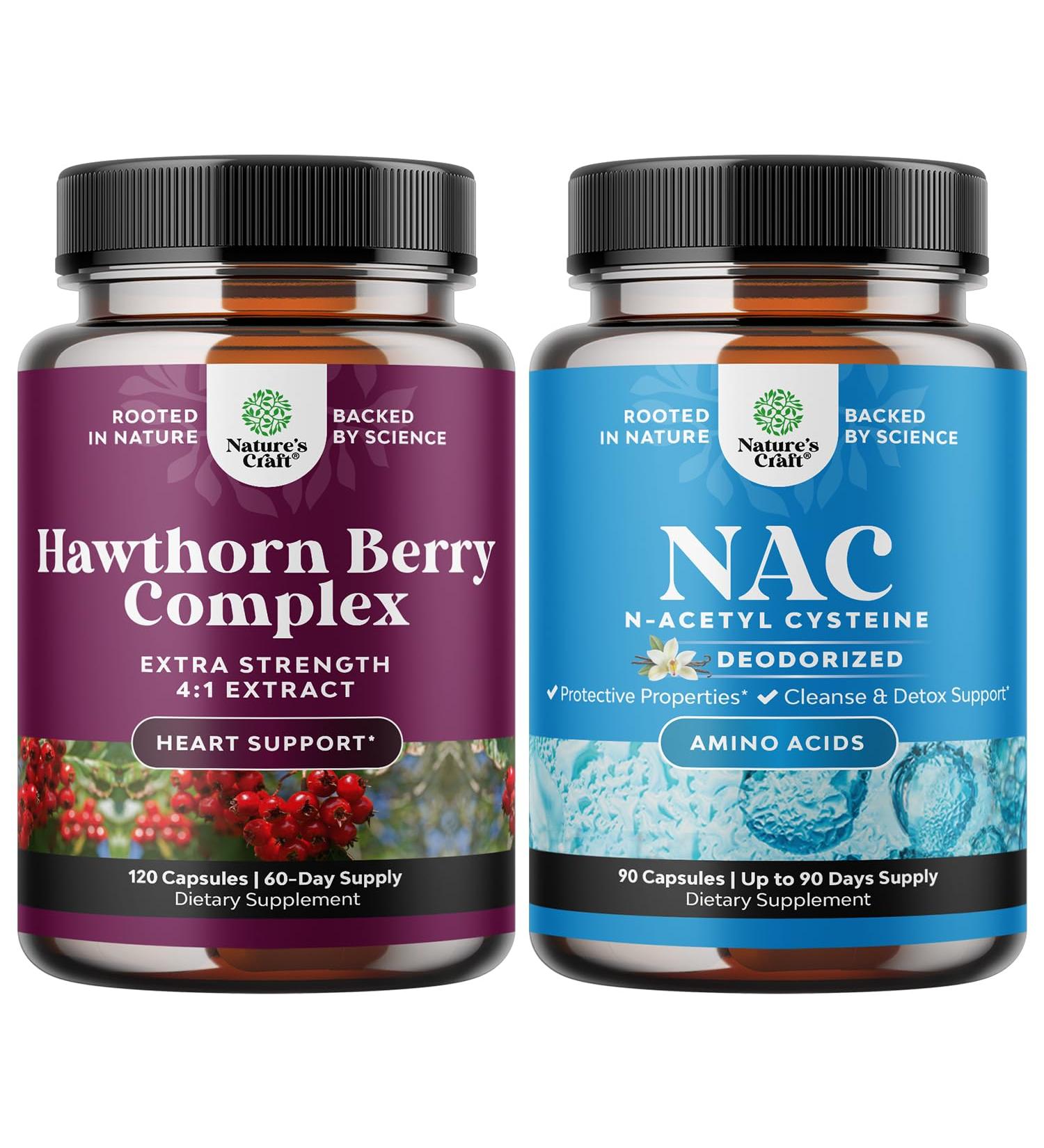 Bundle of Extra Strength Hawthorn Berry Capsules - Heart Health Supplement and NAC Supplement N-Acetyl Cysteine 600mg - Liver Cleanse Detox Kidney Support Lung Health Immunity and Brain Supplement - Buy Online on GoSupps.com