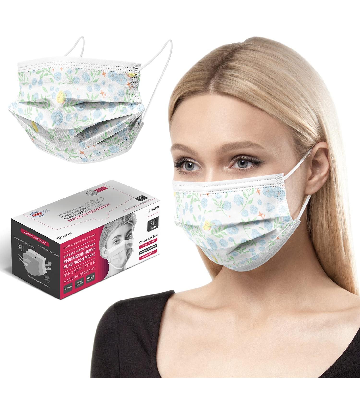 100pc Disposable Face Masks Made in Germany | Type IIR & CE Certified | Breathable Triple Layer | 99.78% Filtration | Elastic Earloops | Light Leaves Design - Buy Online on GoSupps.com