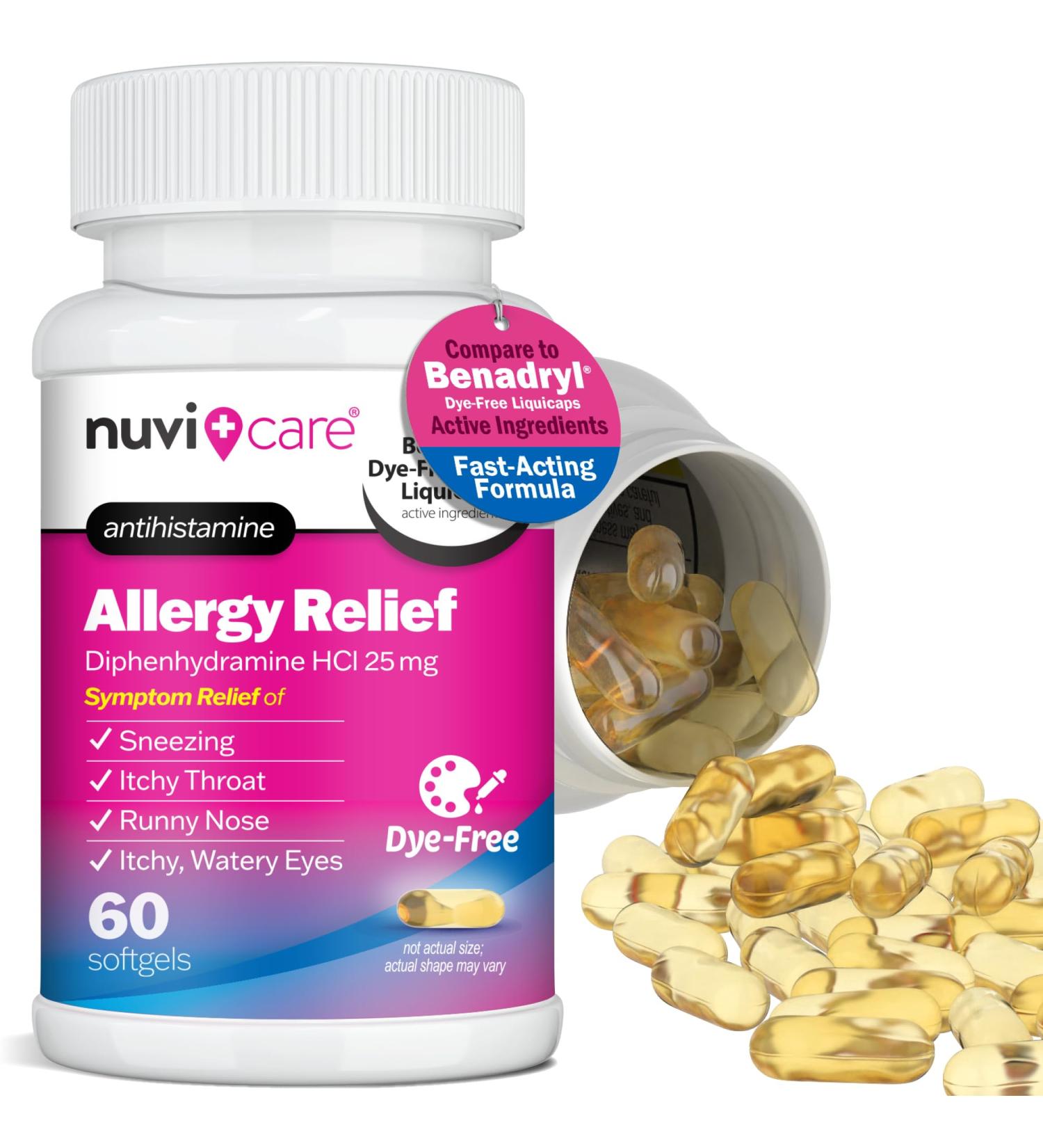 Allergy Relief Softgels Dye-Free Diphenhydramine 25mg Antihistamine Meds for Runny Nose Sneezing Itchy Eyes & Throat Compare to LiquiGels Allergy Medicine for Adults (60 Count) 60 Count (Pack of 1) - Buy Online on GoSupps.com