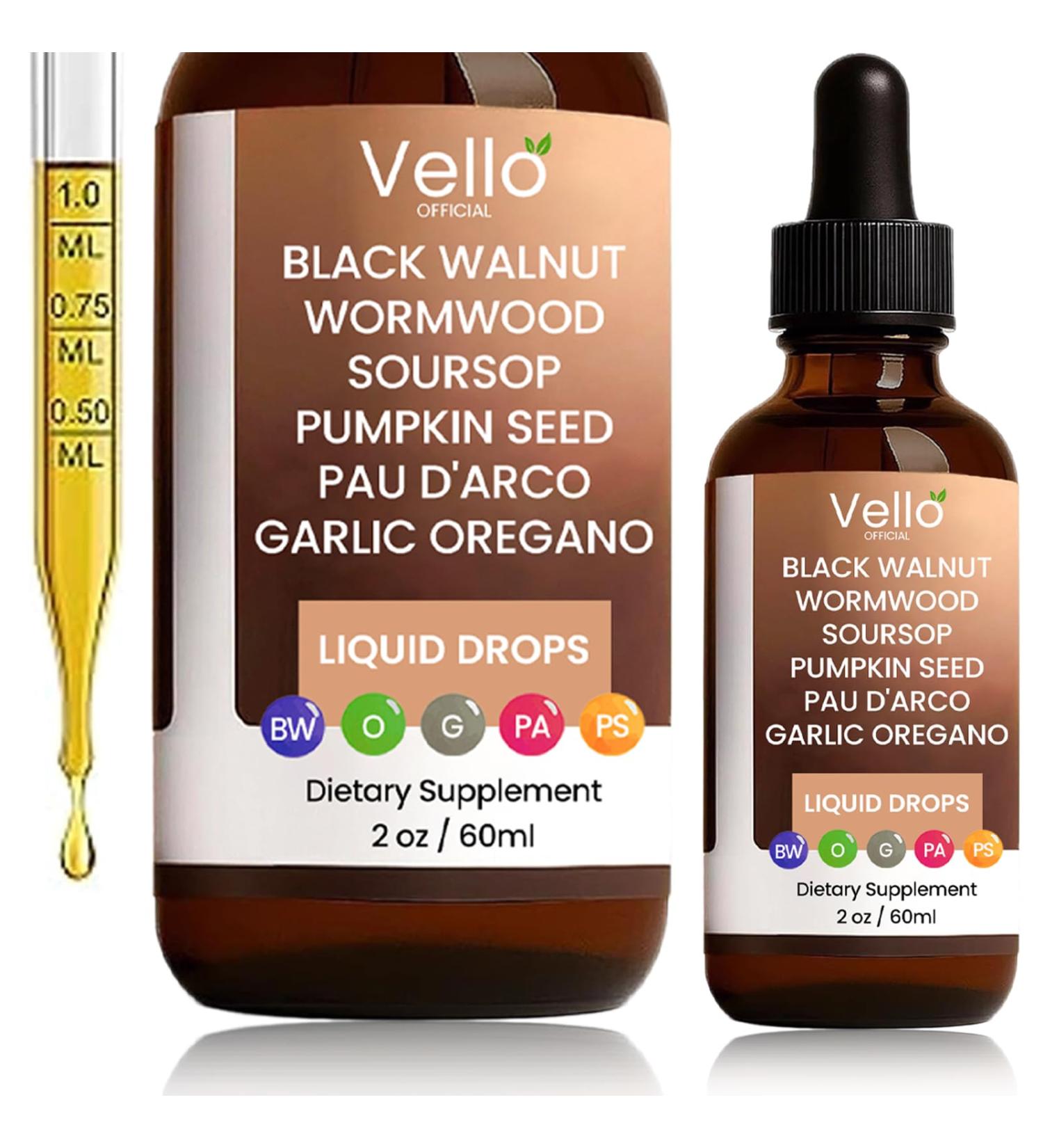 Vello Official Black Walnut Wormwood Gut Cleanse | Wormwood Black Walnut Clove Cleanse with Soursop Pumpkin Seed PAU D'arco Garlic Oregano | Gentle Gut Cleanse - 2 OZ (1 Bottle) - Buy Online on GoSupps.com