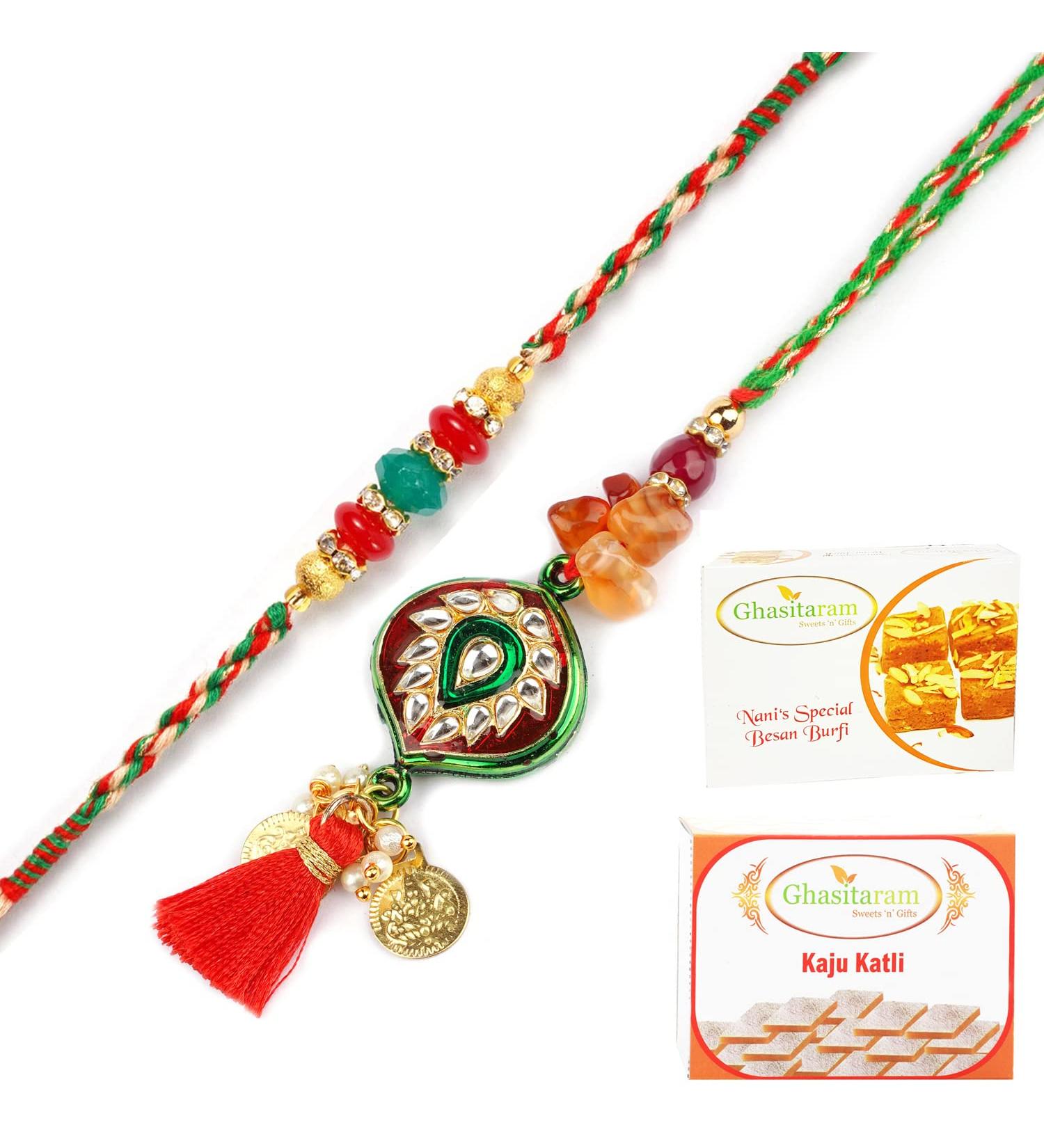 Ghasitaram Gifts Rakhis Online - Rakhi for Brother- RM-217 Bhaiya Bhabhi Rakhi with 200 GMS of Besan Barfi and 200 GMS of Kaju Katli Rakhi Set with 200 gms of Besan Barfi & Kaju Katli - Buy Online on GoSupps.com