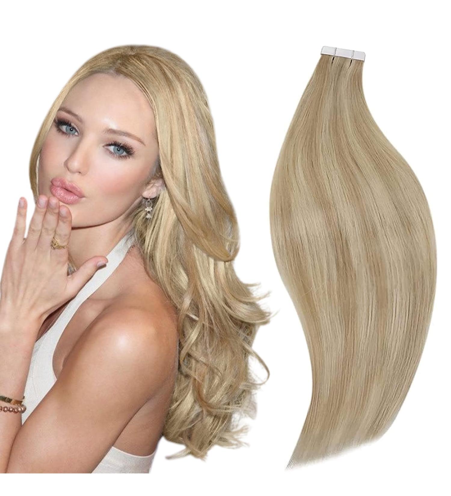 RUNATURE Blonde Highlight Ash Blonde Tape in Human Hair Extensions 14 Inch - 50g | Straight Blonde Hair | #16P22 - Buy Online on GoSupps.com