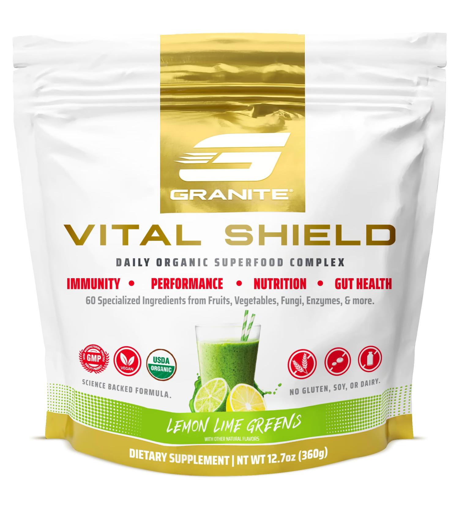 Granite Nutrition Vital Shield - USDA Organic Superfood Greens with Mushrooms & Tart Cherry Supports Energy Immune Function & Digestive Health Lemon Lime Flavor (30 Servings) Lemon Lime Greens - Buy Online on GoSupps.com