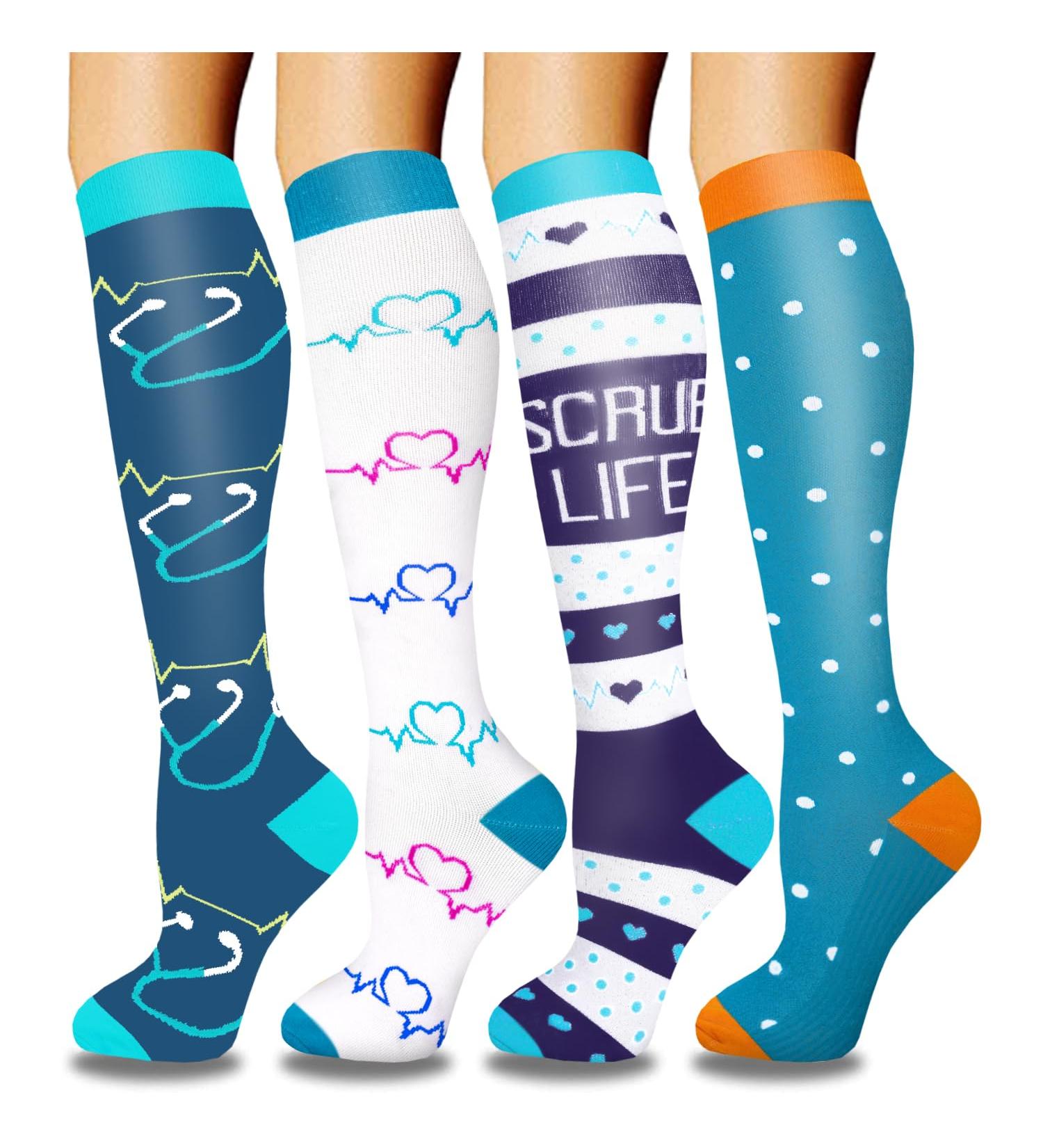 Actinput 4 Pairs Compression Stockings for Men & Women - Colorful Support Socks for Sports Travel & Work - Blue S-M - Buy Online on GoSupps.com