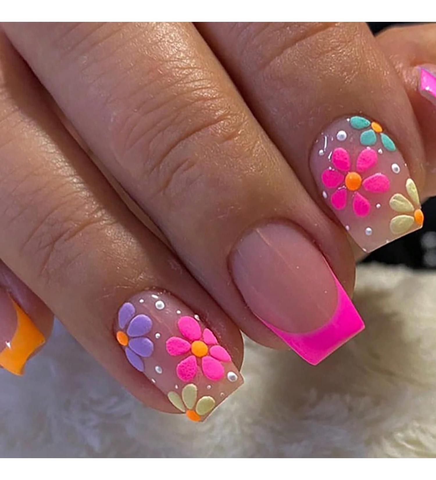 Hot Pink French Flower Press on Nails - 24Pcs Full Cover False Nails with Glue for Women & Girls | Square Stick on Nails - Buy Online on GoSupps.com