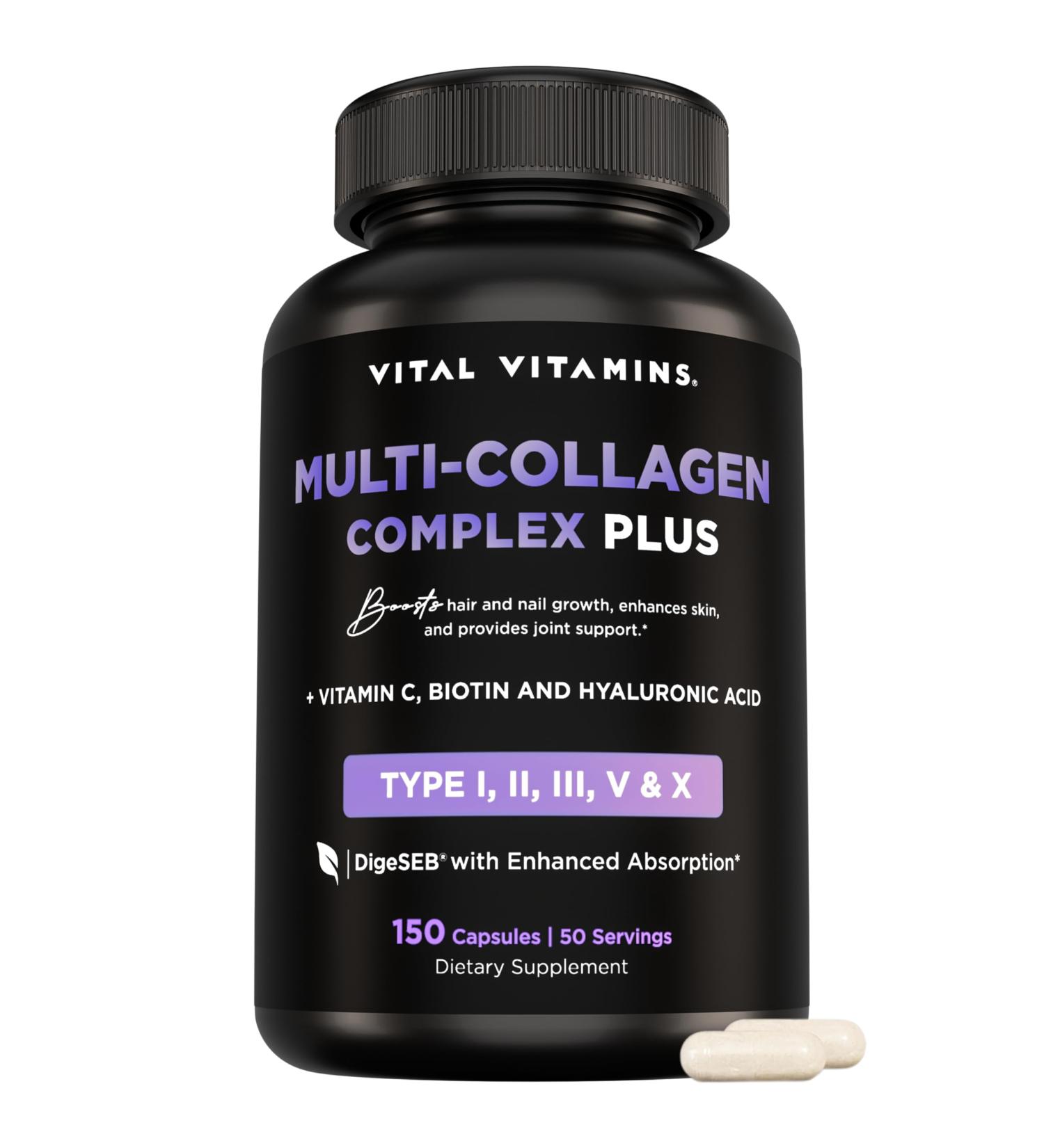 Vital Vitamins Multi Collagen Capsules with Biotin Hyaluronic Acid Vitamin C - Type I II III V X Peptides - Collagen Supplements for Men & Women - Hair Skin Nails Beauty Complex - 150 Count 150 Count (Pack of 1) Mul  - Buy Online on GoSupps.com