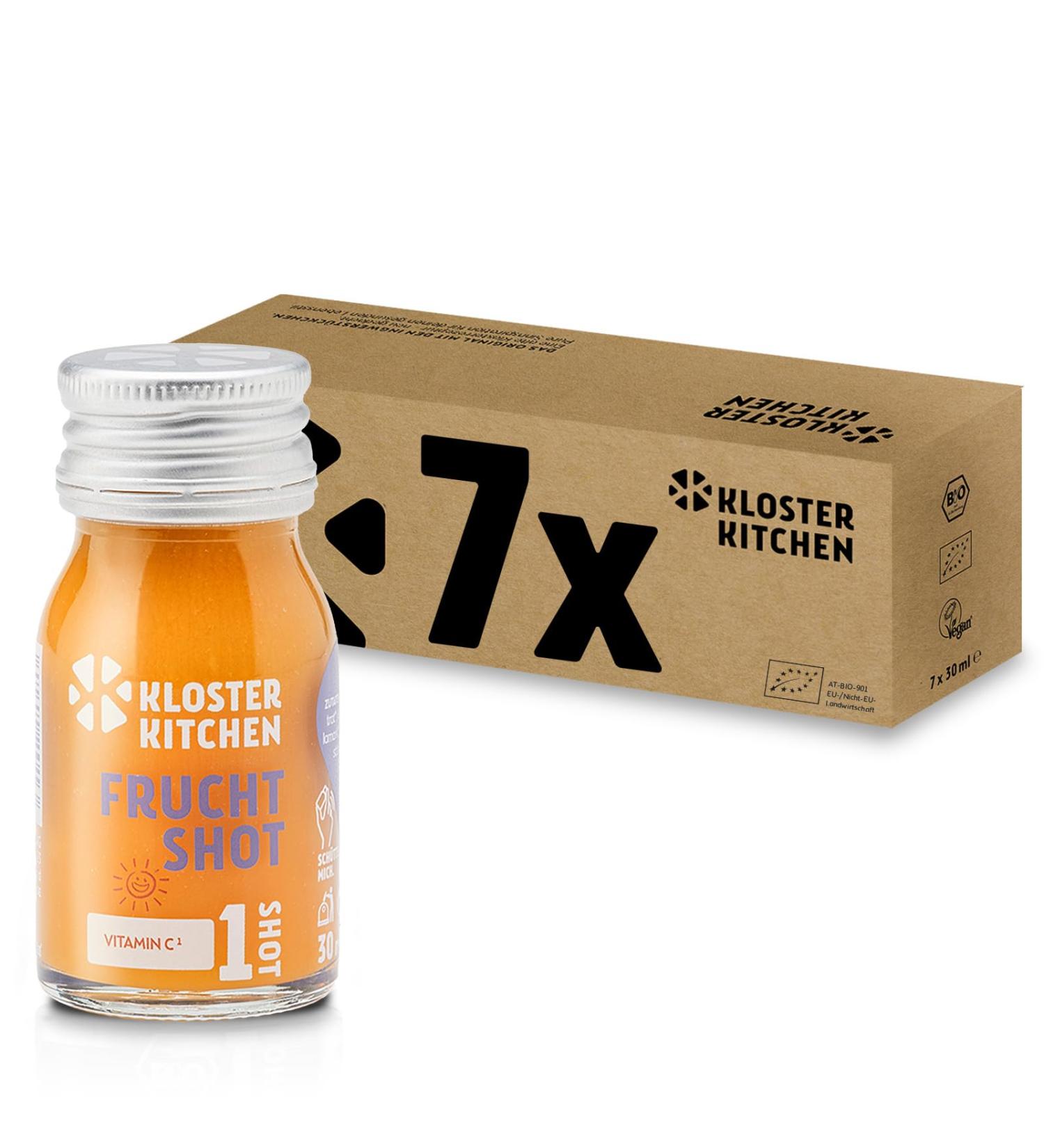 Kloster Kitchen Pack of 7 Organic Ginger Shots - 30ml - With real pieces of ginger - Vegan in a convenient glass bottle - Fruity and sweet with no additives and a touch of sweetness - Buy Online on GoSupps.com