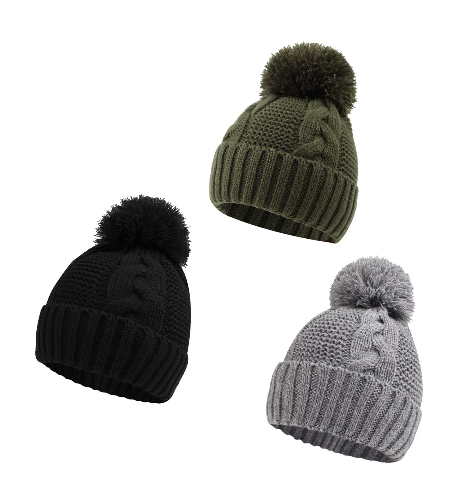 XIAOHAWANG Winter Knit Hat for Baby Boys & Girls | Twist Infant Toddler Pompom Cap 0-3 Years | 3PCS Set - Buy Online on GoSupps.com