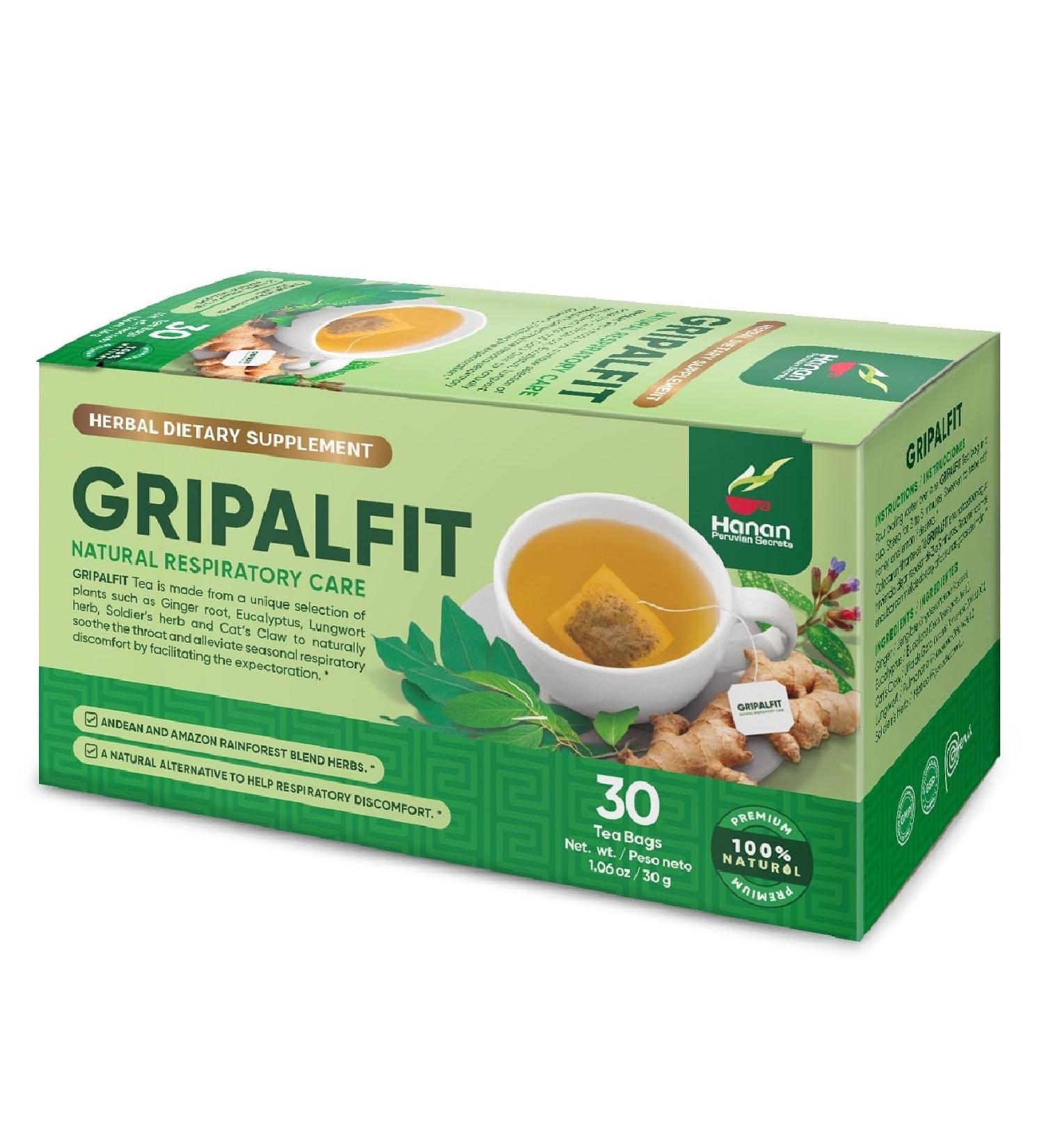 Gripalfit Respiratory Blend - Eucalyptus Leaves (Hojas de Eucalipto) Ginger (Jengibre) Cat's Claw (U a de Gato) Lungwort (Pulmonaria) Soldier's Herb (Matico) - 30 Tea Bags of Herbal Tea from Peru - Buy Online on GoSupps.com