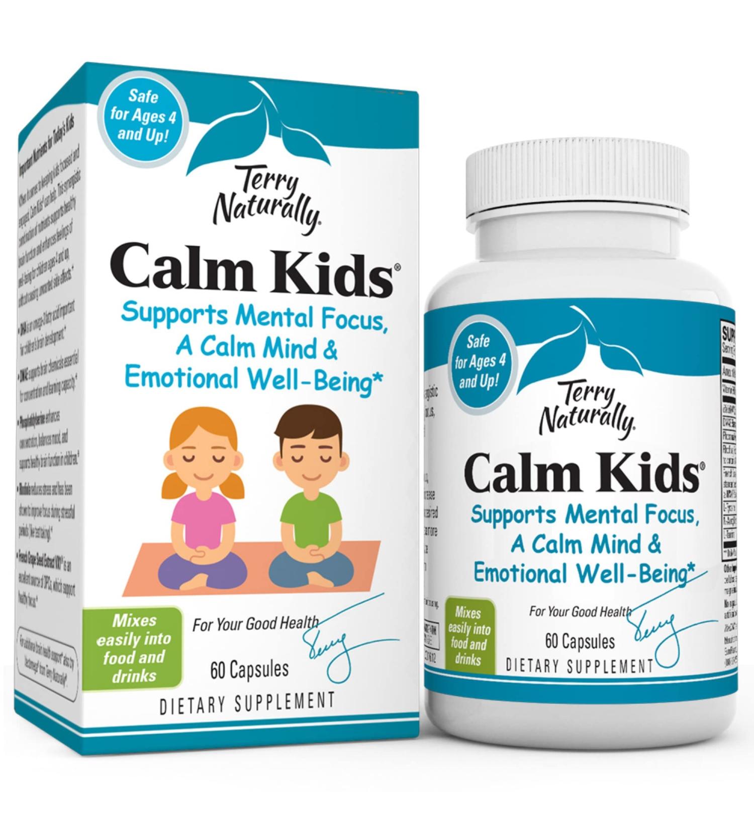 Terry Naturally Calm Kids - 60 Capsules | Supports Mental Focus, Calm Mind & Emotional Well-Being | Non-GMO, Gluten Free | 60 Servings | 60 Count - Buy Online on GoSupps.com