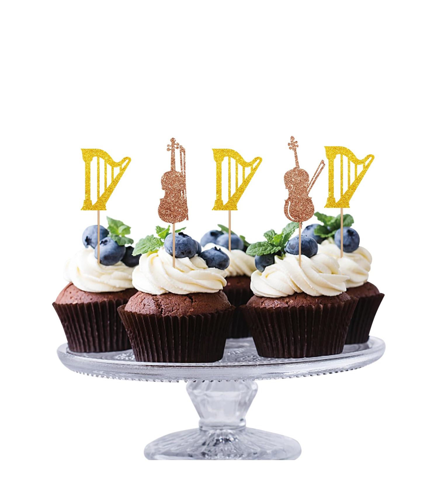 24pcs Musical Instrument Cupcake Toppers Violin Cake Decor Brown&Gold Glitter Harp Cupcake Picks for Baby Shower Music Theme Birthday Party Decoration - Buy Online on GoSupps.com
