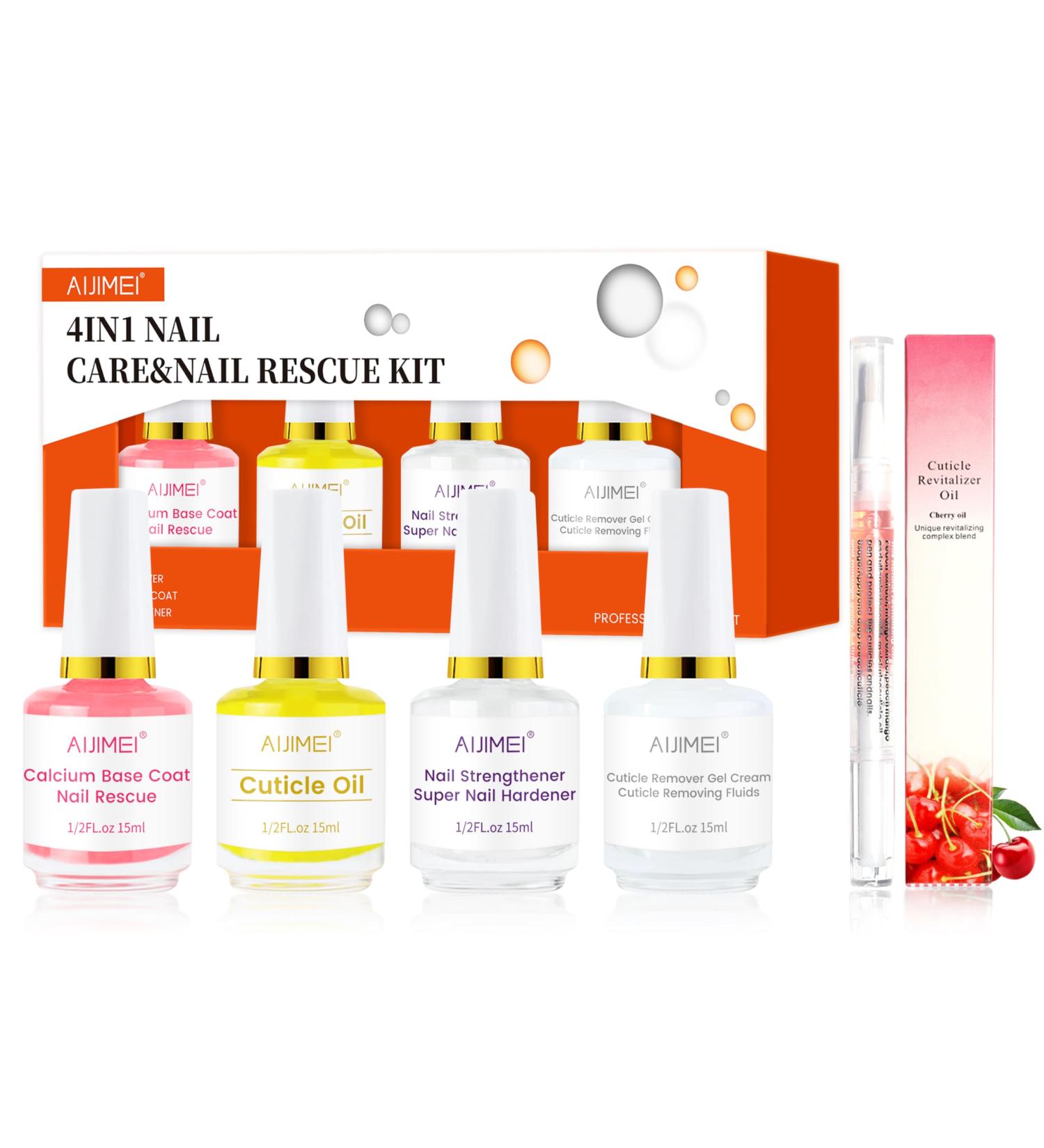 AIJIMEI 4-in-1 Professional Nail Kit: Cuticle Remover Gel Calcium Primer Nail Hardener & Strengthener Base & Top Coat Cuticle Oil - Ultimate Nail Care Solution - Buy Online on GoSupps.com