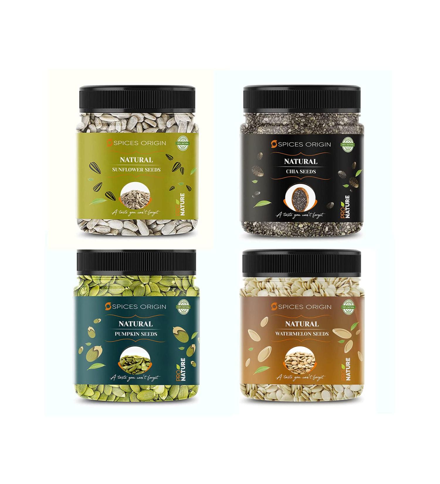Spices Origin Premium Seeds Combo | Watermelon Seeds 250 Gm | Chia Seeds 250 Gm | Pumpkin Seeds | Sunflower Seeds 250 Gm | Immunity Combo_Packing May Vary - Buy Online on GoSupps.com