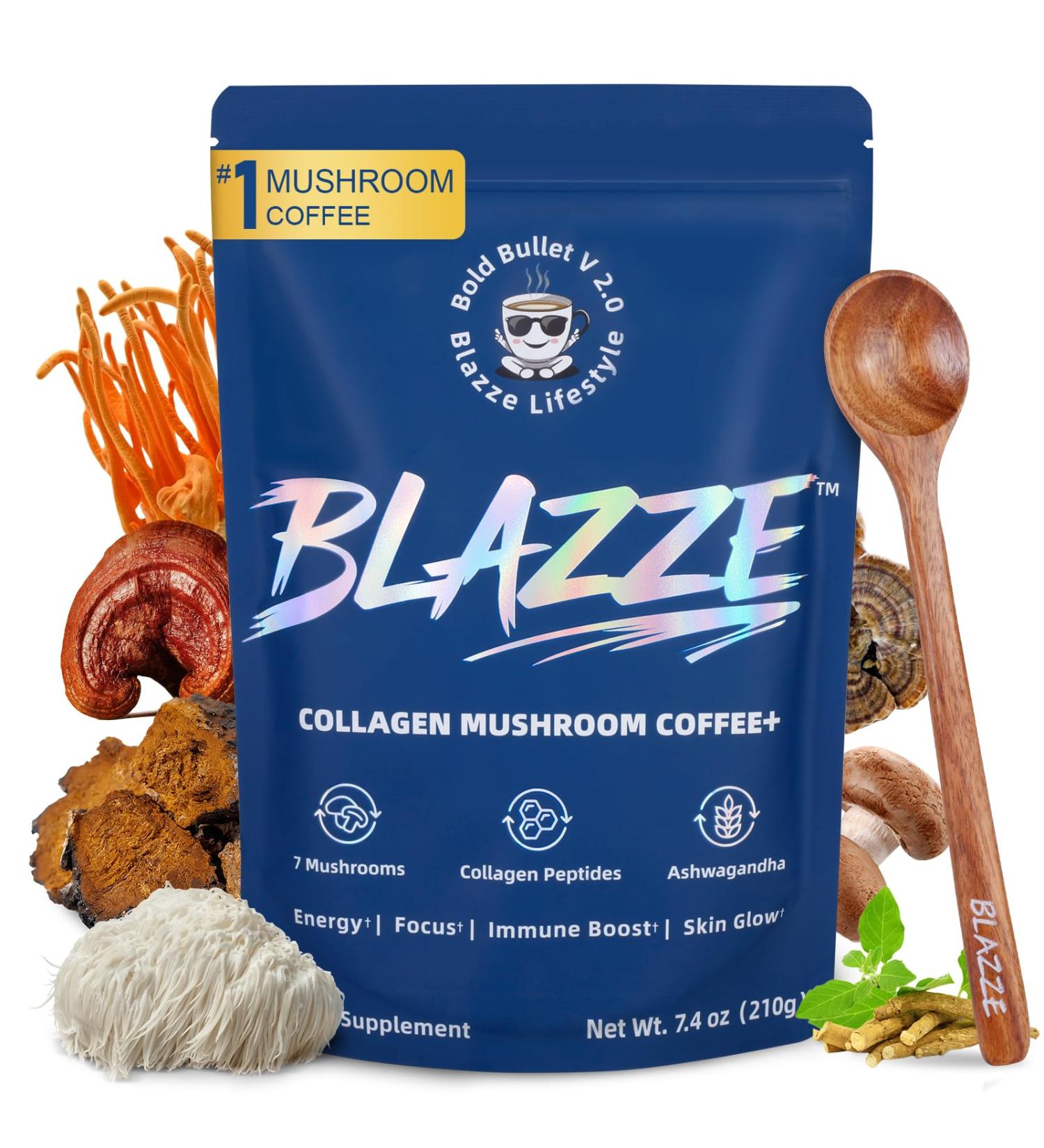 BLAZZE Mushroom Coffee with Collagen 100% Fruiting Body Extract Adaptogenic 7 Mushrooms with Organic Reishi Lion's Mane Ashwagandha Instant Coffee for Focus Energy & & Immune Support 30 Servings - Buy Online on GoSupps.com