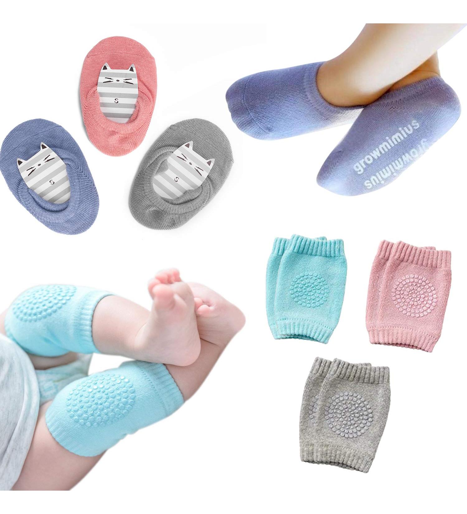 Baby Crawling Knee Pads & Anti-Slip Socks Set | Unisex Infant Gift | Toddlers Kneepads (Blue/Pink/Grey) 6-24 Months - Buy Online on GoSupps.com