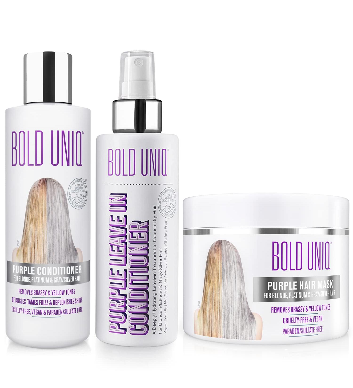 Purple Hair Mask, Conditioner & Leave-In Bundle for Blonde, Platinum, Silver, Gray, Ash, and Brassy Hair - Eliminate Yellow Tones, Hydrate and Repair Damaged Hair - Vegan - Buy Online on GoSupps.com