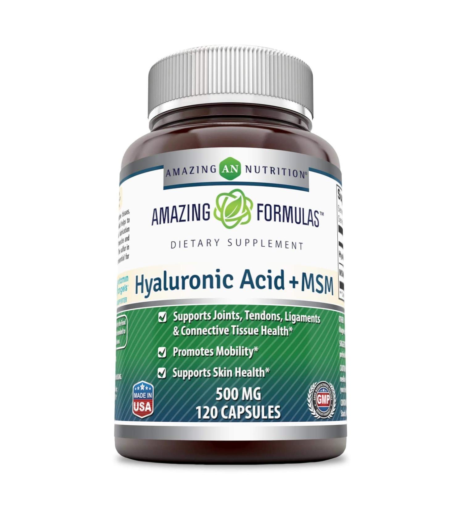 Amazing Formulas Hyaluronic Acid & MSM 500mg Dietary Supplement - 120 Capsules for Joint, Tendon & Ligament Support - Promotes Flexibility & Skin Health - Non-GMO & Gluten Free - Buy Online on GoSupps.com
