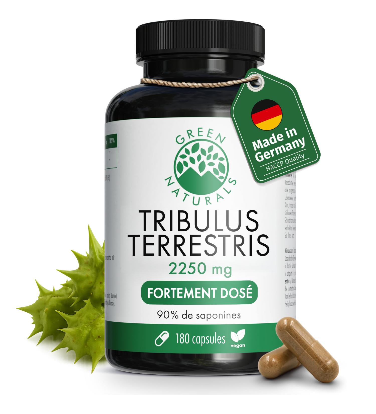 Green Naturals Tribulus Terrestris Hautement dos 2 250 mg avec 90% de saponines Qualit allemande Cure 2 mois 180 g lules - Buy Online on GoSupps.com