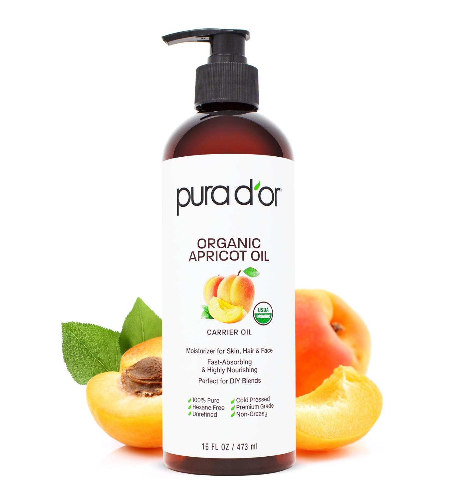 PURA D'OR Organic Apricot Kernel Oil 16 Oz - 100% Pure Cold Pressed Carrier Oil Rich in Antioxidants & Vitamin E for Face Skin & Hair - USDA Certified Natural Moisturizer - Buy Online on GoSupps.com