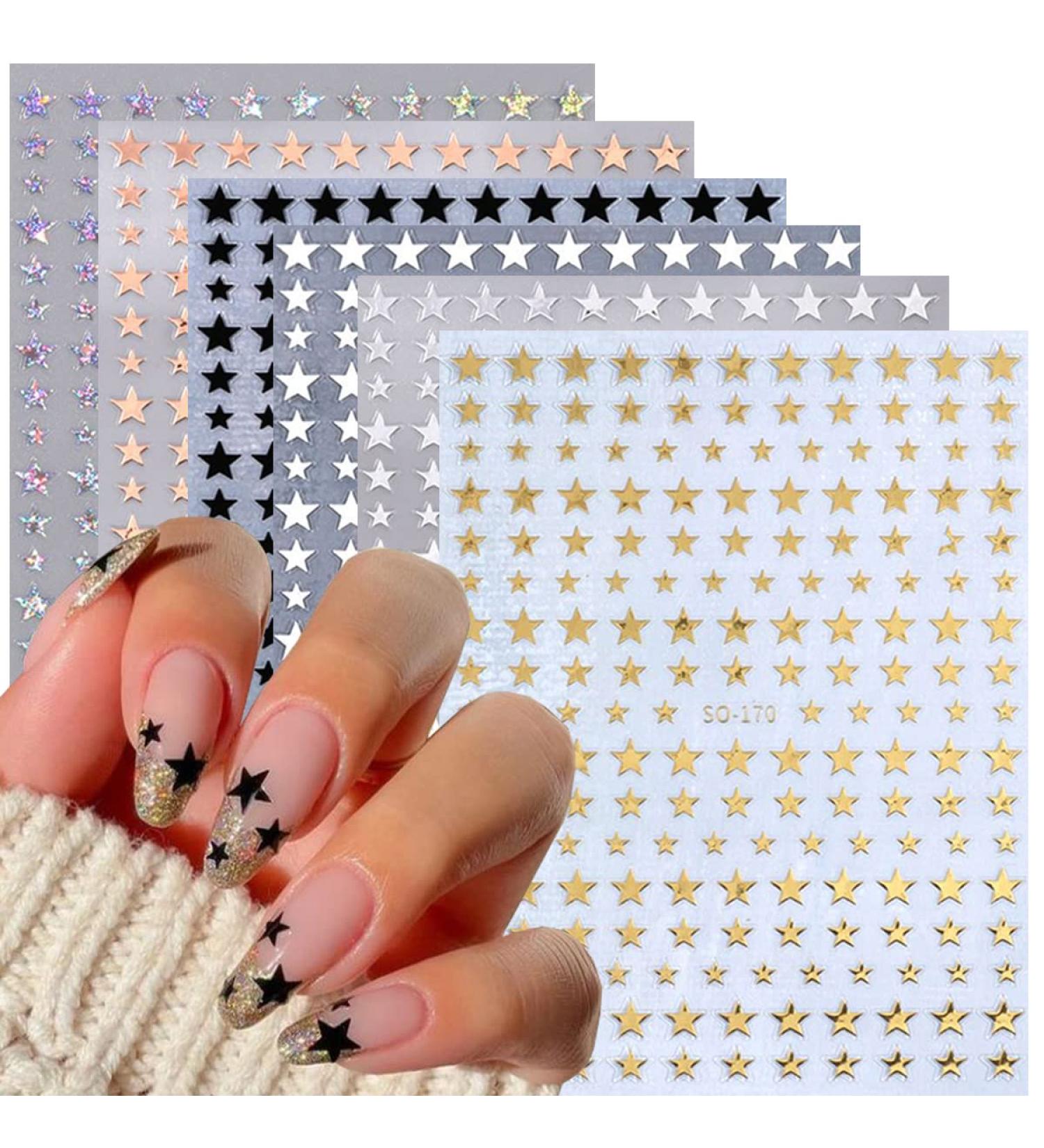 6 Sheets 3D Glitter Star Nail Stickers - Gold, Silver, White, Black - DIY Manicure Nail Art Decoration - Buy Online on GoSupps.com