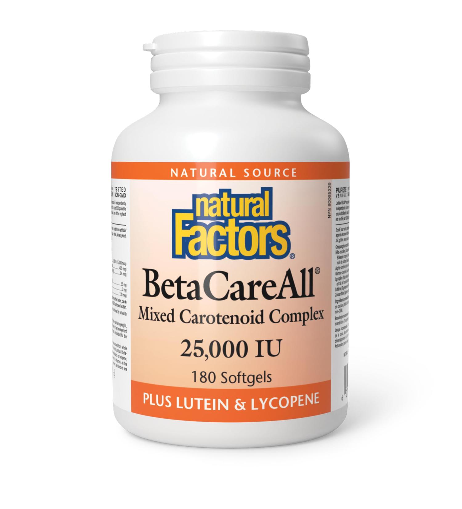 Natural Factors BetaCareAll Complex 25000IU 180 Softgels with Beta Carotene Alpha Carotene Lycopene Lutein Zeaxanthin Helps support vision health healthy skin bones teeth and immune function - Buy Online on GoSupps.com