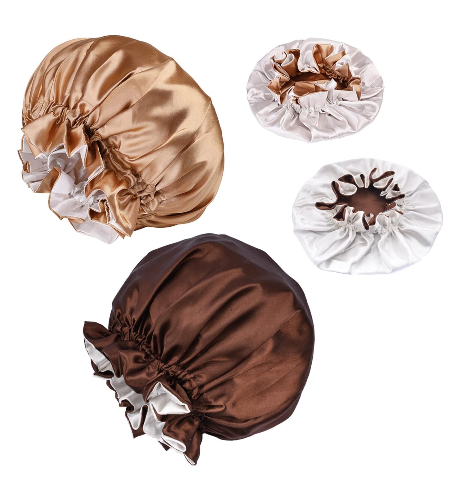 Satin Bonnet Silk Double Layer 2 Pack for Women - Khaki + Brown | Soft Elastic Band Night Head Cover for Girls - Buy Online on GoSupps.com