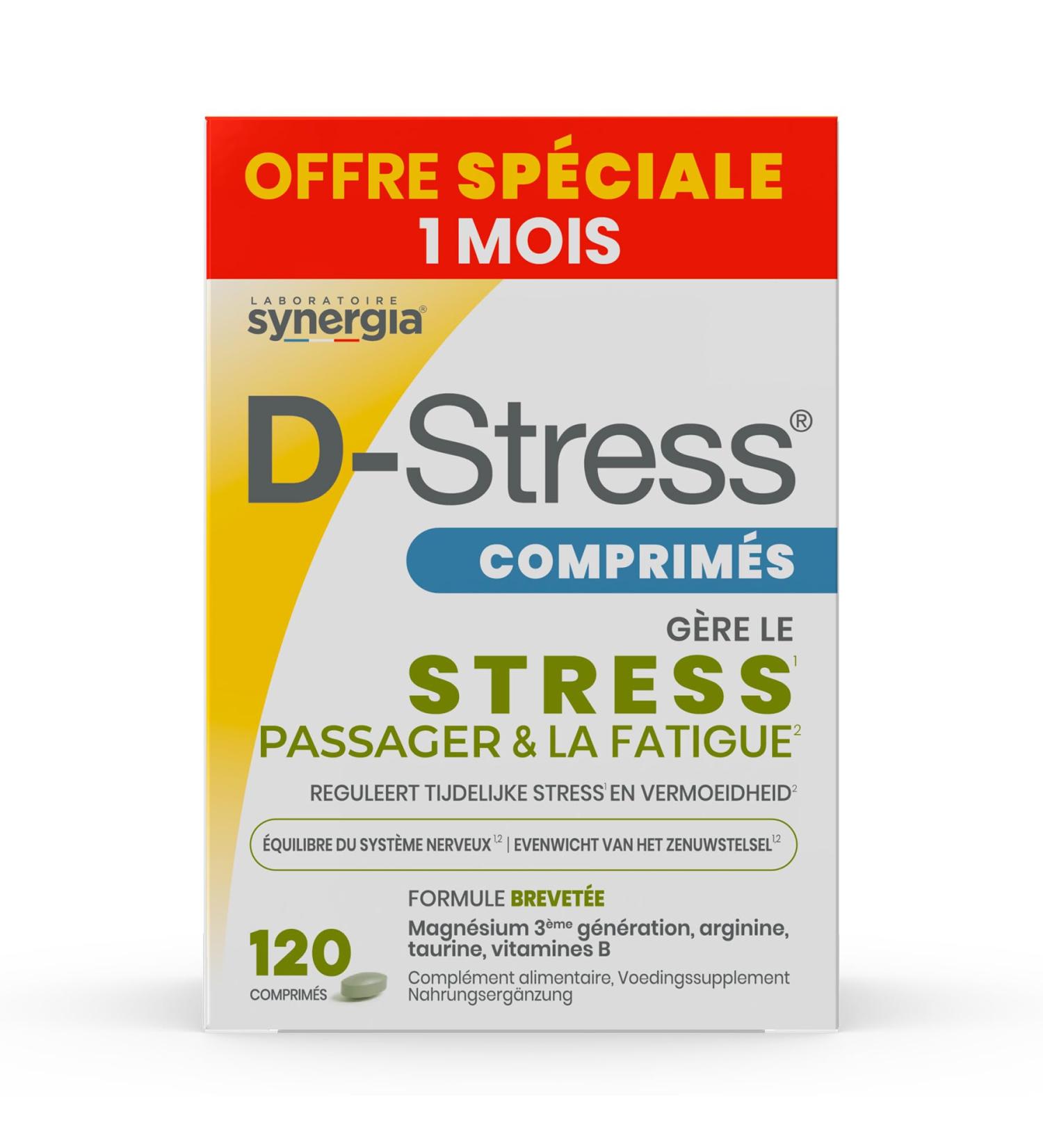  D-Stress D-STRESS 120 Tablets Special Offer 1 Month | 3rd Generation Magnesium + Taurine + Arginine + B Vitamins | Manages Daily Stress and Reduces Fatigue | Laboratoire SYNERGIA - Buy Online on GoSupps.com