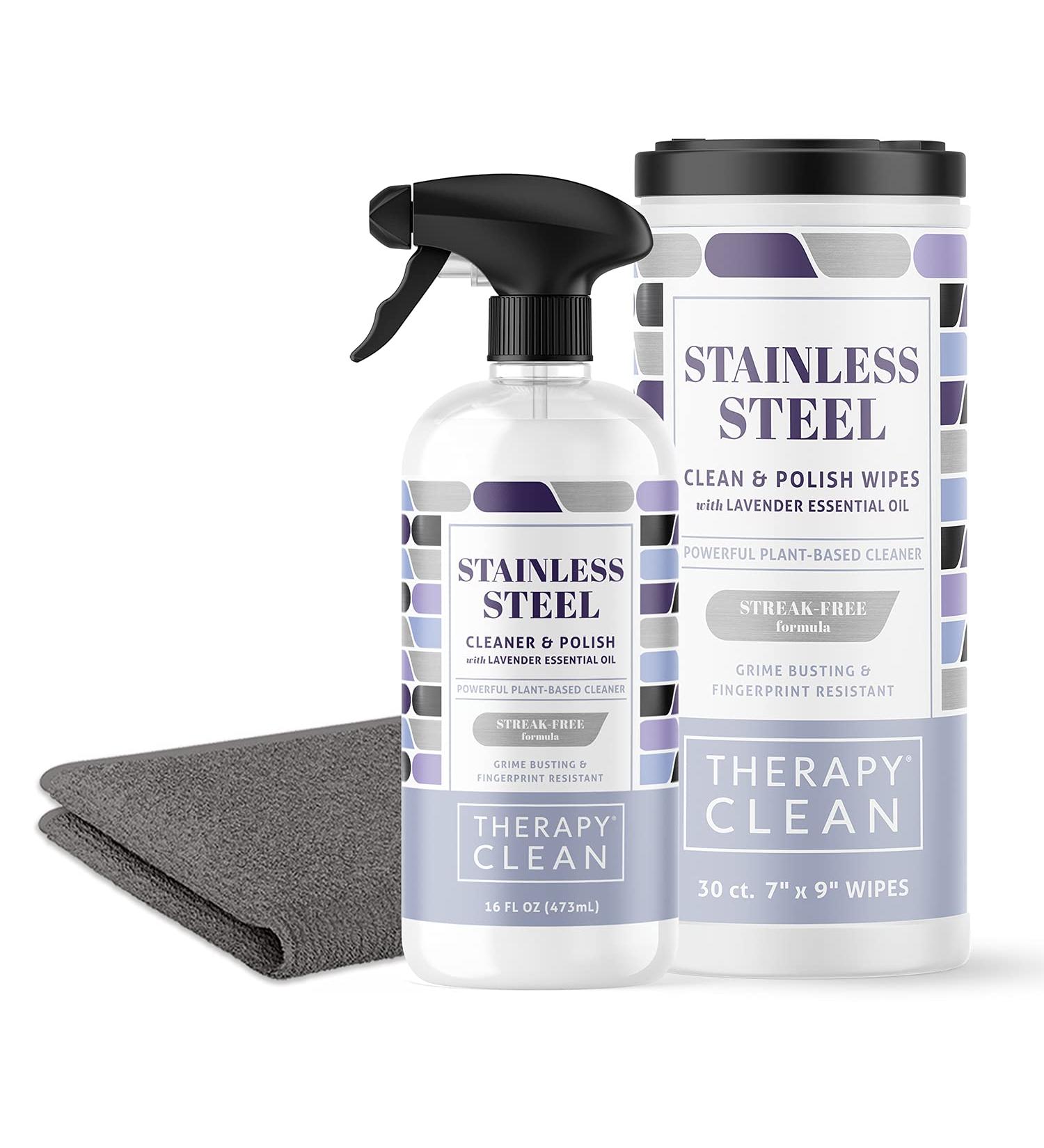 Therapy Stainless Steel Cleaner & Wipes Kit - Fingerprint Resistant, Removes Streaks and Water Marks - Safe on Appliances, Refrigerators, Grills, Sinks, Ovens - Buy Online on GoSupps.com