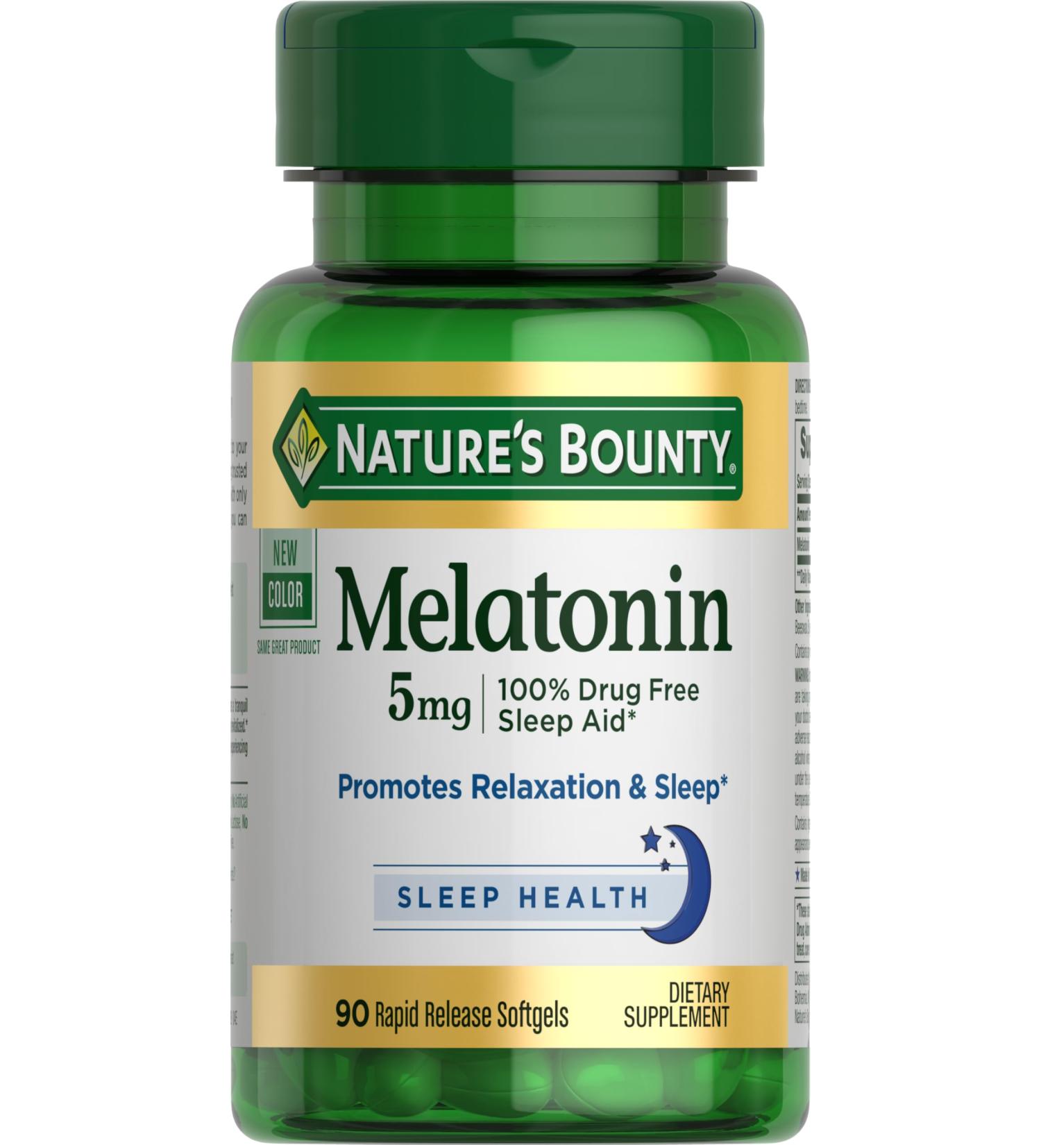 Nature's Bounty Melatonin 100% Drug Free Sleep Aid Dietary Supplement Promotes Relaxation and Sleep Health 5mg 90 Softgels (Pack of 1) Unflavored 90 Count (Pack of 1) - Buy Online on GoSupps.com