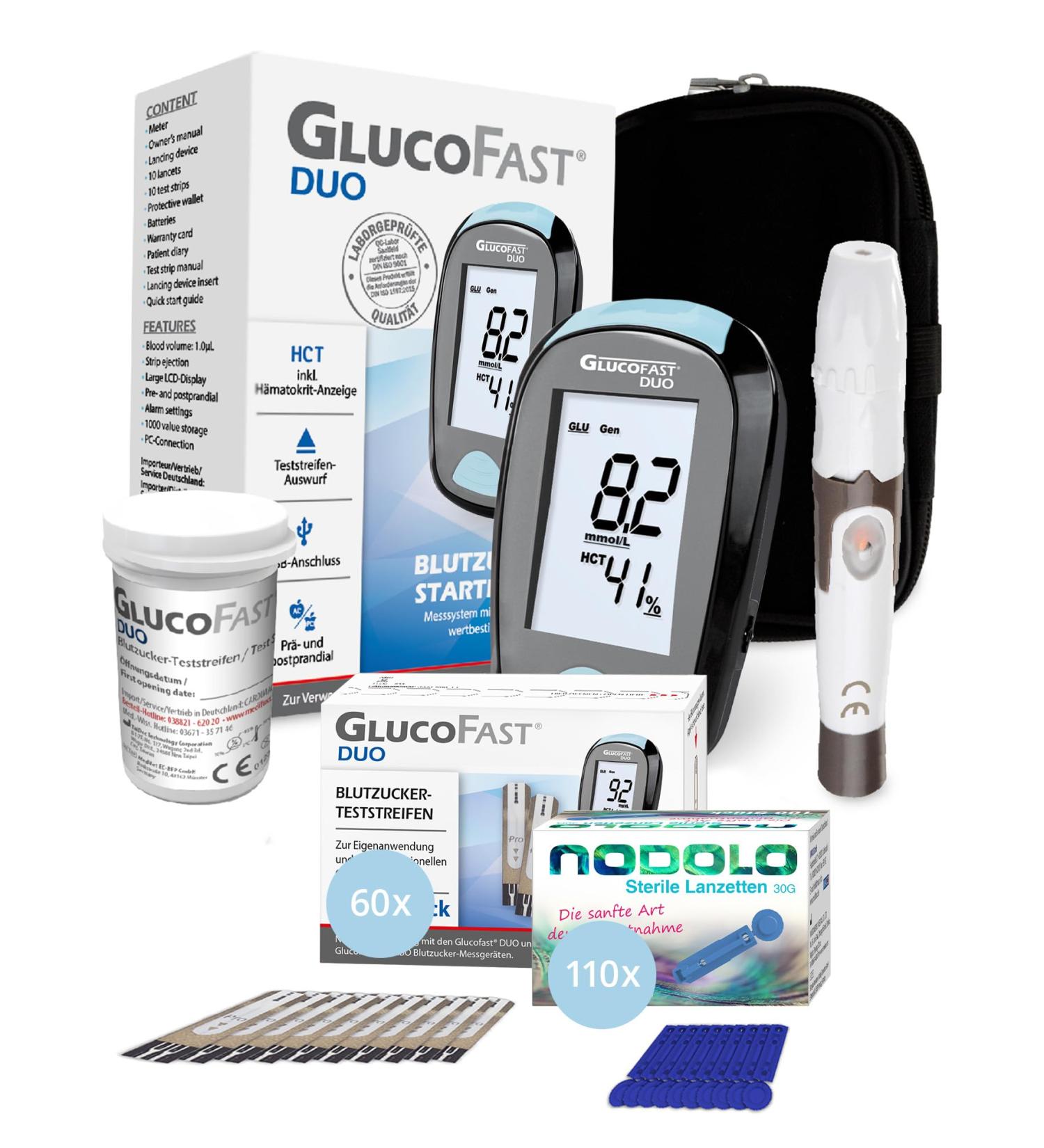 Gluco-Fist Duo Blood Sugar Measuring Device Set | 60 Test Strips & 110 Lanzetten | Precise & Simple MMOL/L Measurement for Optimal Health - Buy Online on GoSupps.com