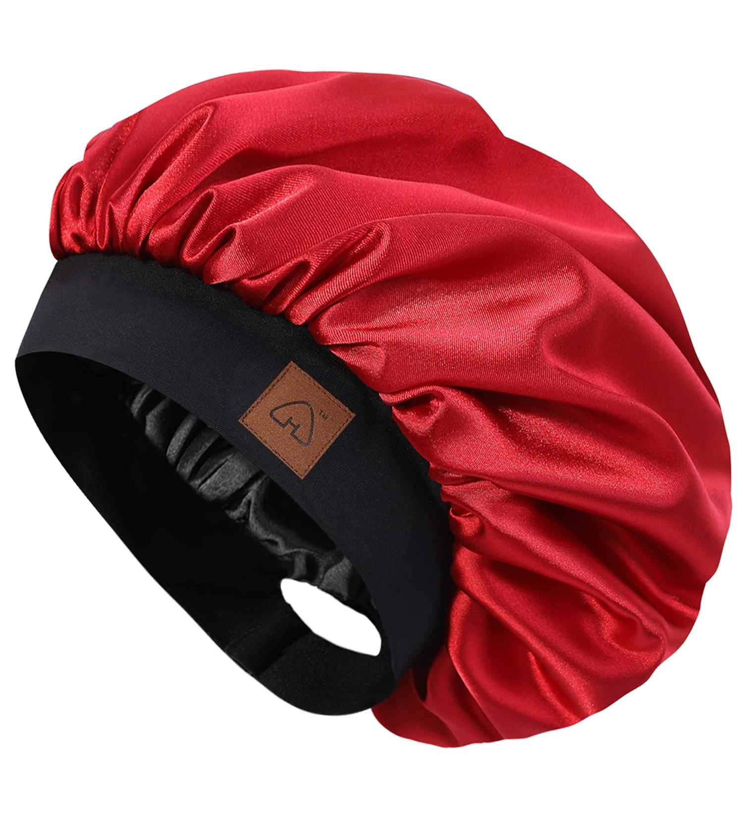 Satiny Silk Hair Bonnet for Curly Hair Sleep | Adjustable Wide Band, Double Layer | Burgundy - Buy Online on GoSupps.com
