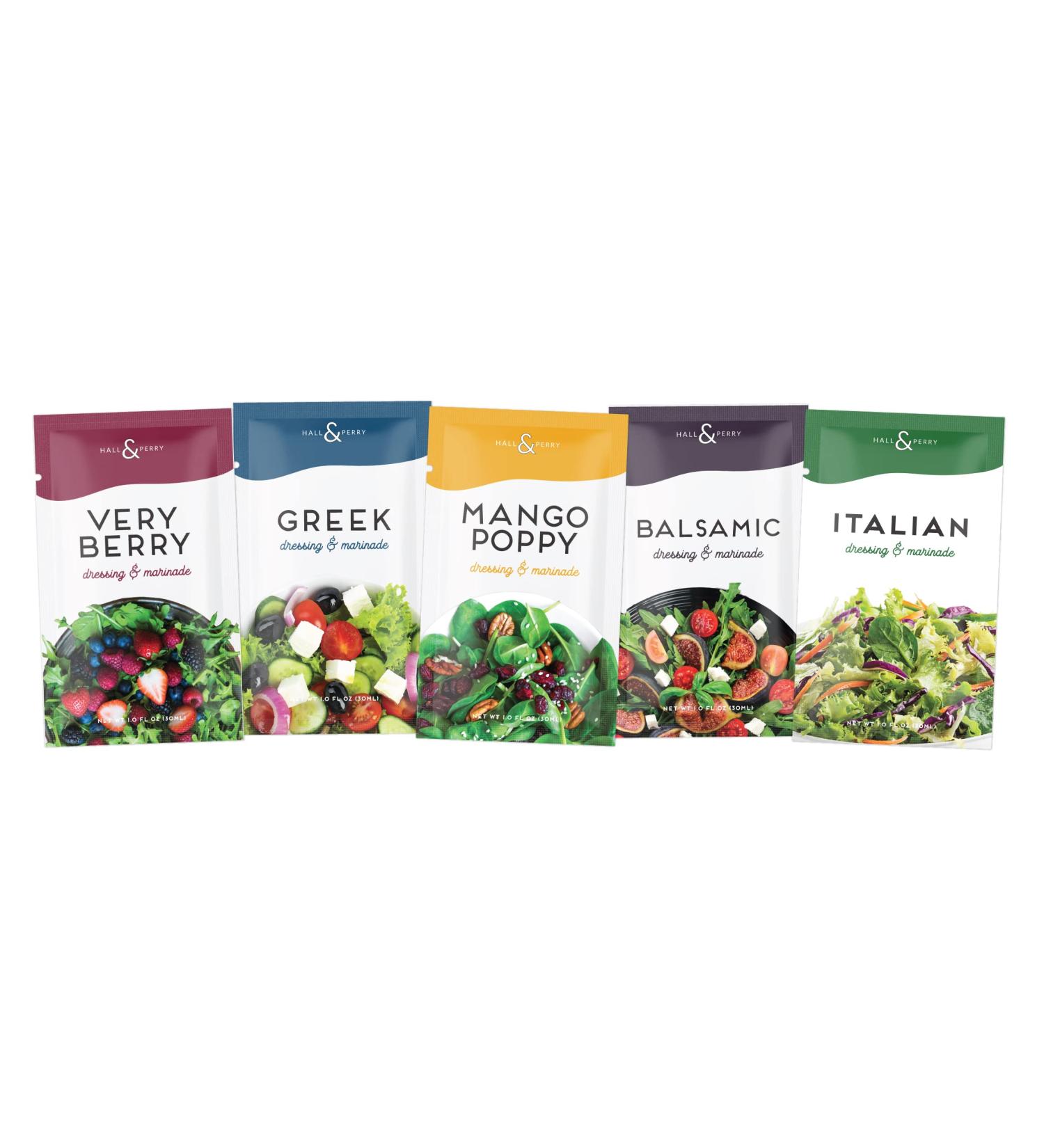 Hall & Perry Lite Salad Dressing Packets - Low Calorie, Low Fat, Keto Friendly - 15 Ready-to-Serve 1 oz Pouches - Berry Greek & Mango Poppy Flavors - Balsamic & Italian - 15 Pack - Buy Online on GoSupps.com