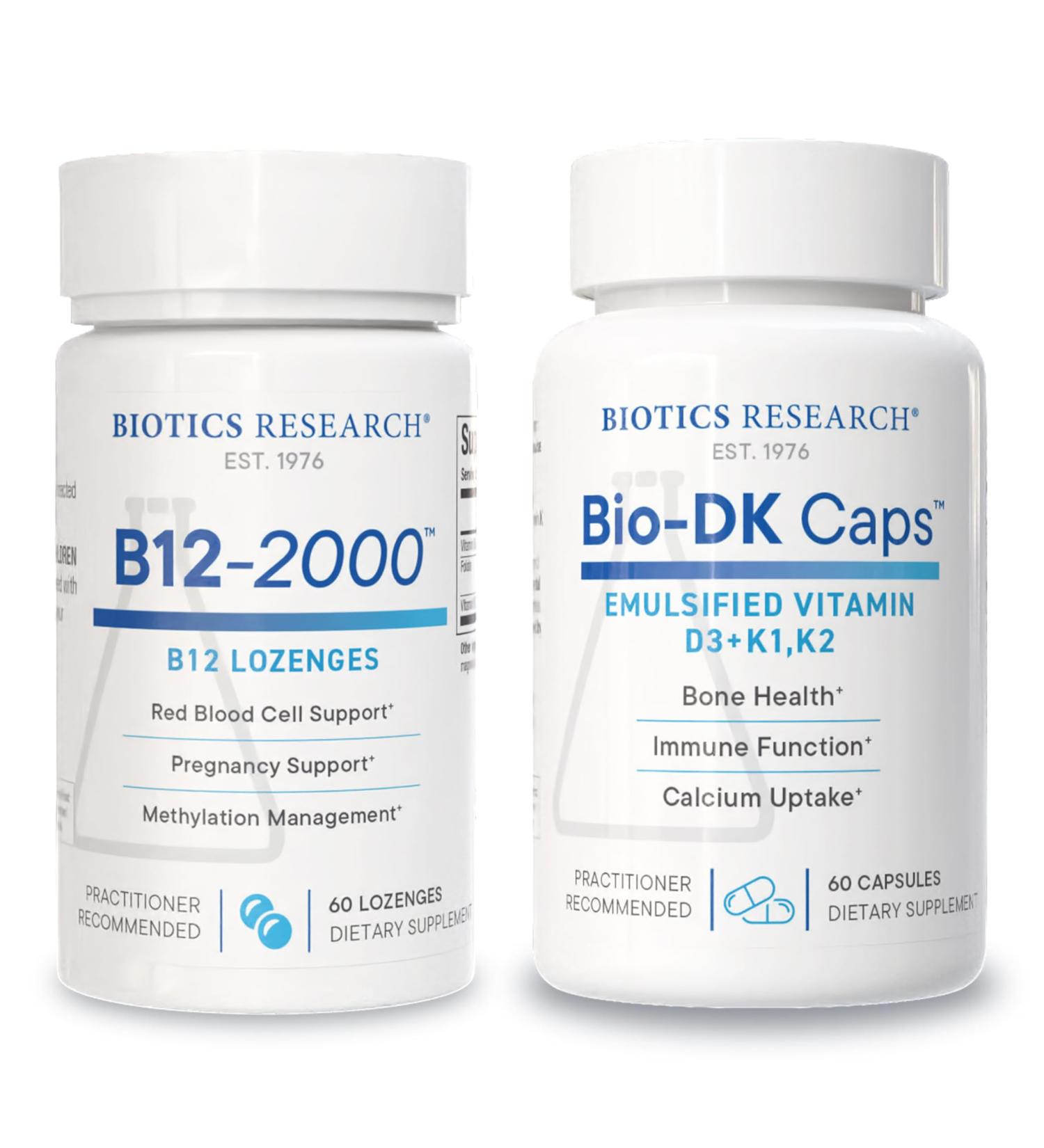 Biotics Research B12-2000 Lozenges & Bio-DK Caps High Potency Vitamin B12 B6 Folate Vitamin D3 K1 & MK7 Methylation Bone & Heart Health Immune Support- 60 Lozenges + 60 Caps - Buy Online on GoSupps.com