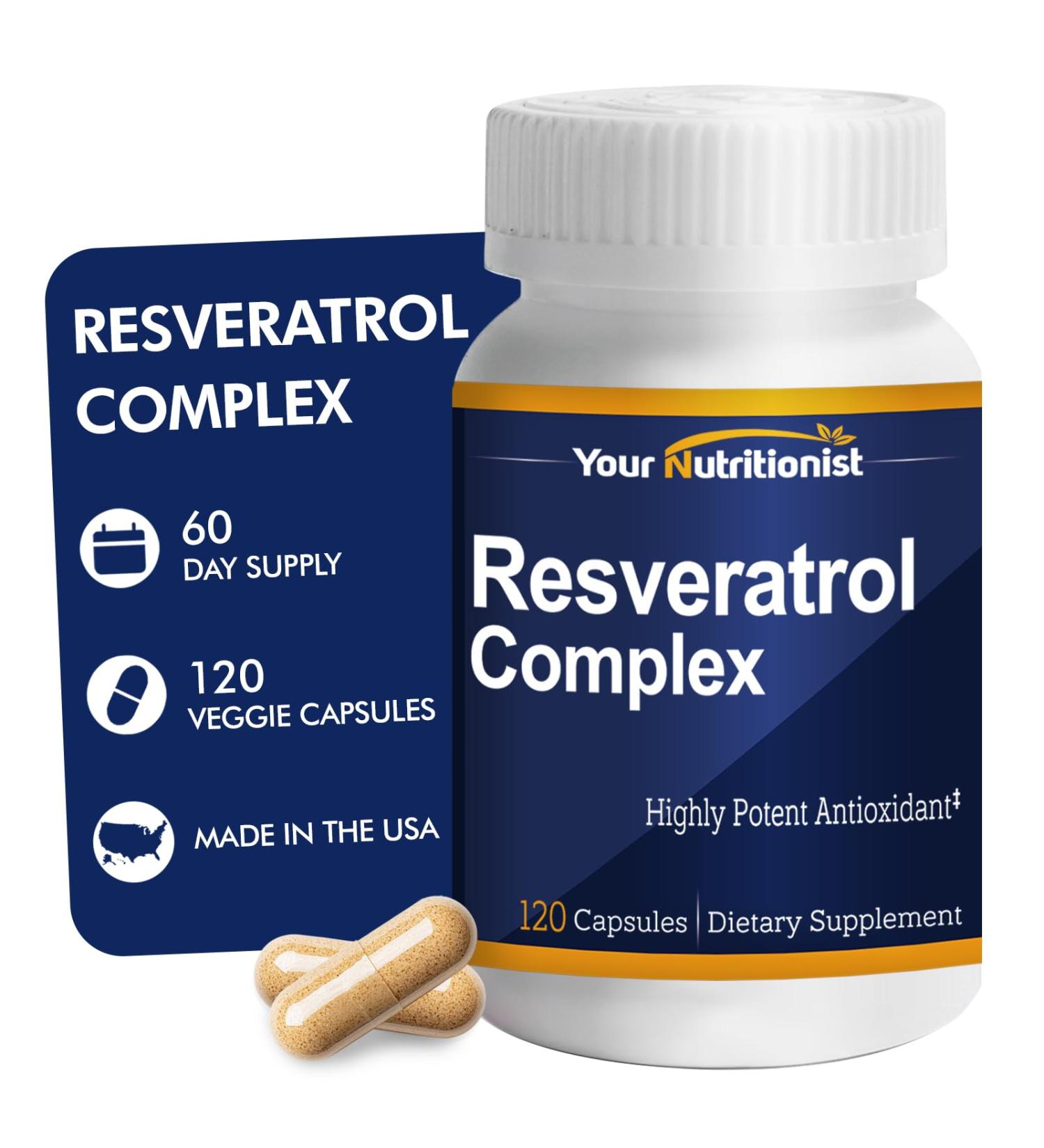 Your Nutritionist Resveratrol Complex 520mg - 60 Day Supply - NMN Supplement Alternative with Grapeseed Extract & Red Wine - Natural Stamina & Antioxidant Support - 120 Caps - Buy Online on GoSupps.com