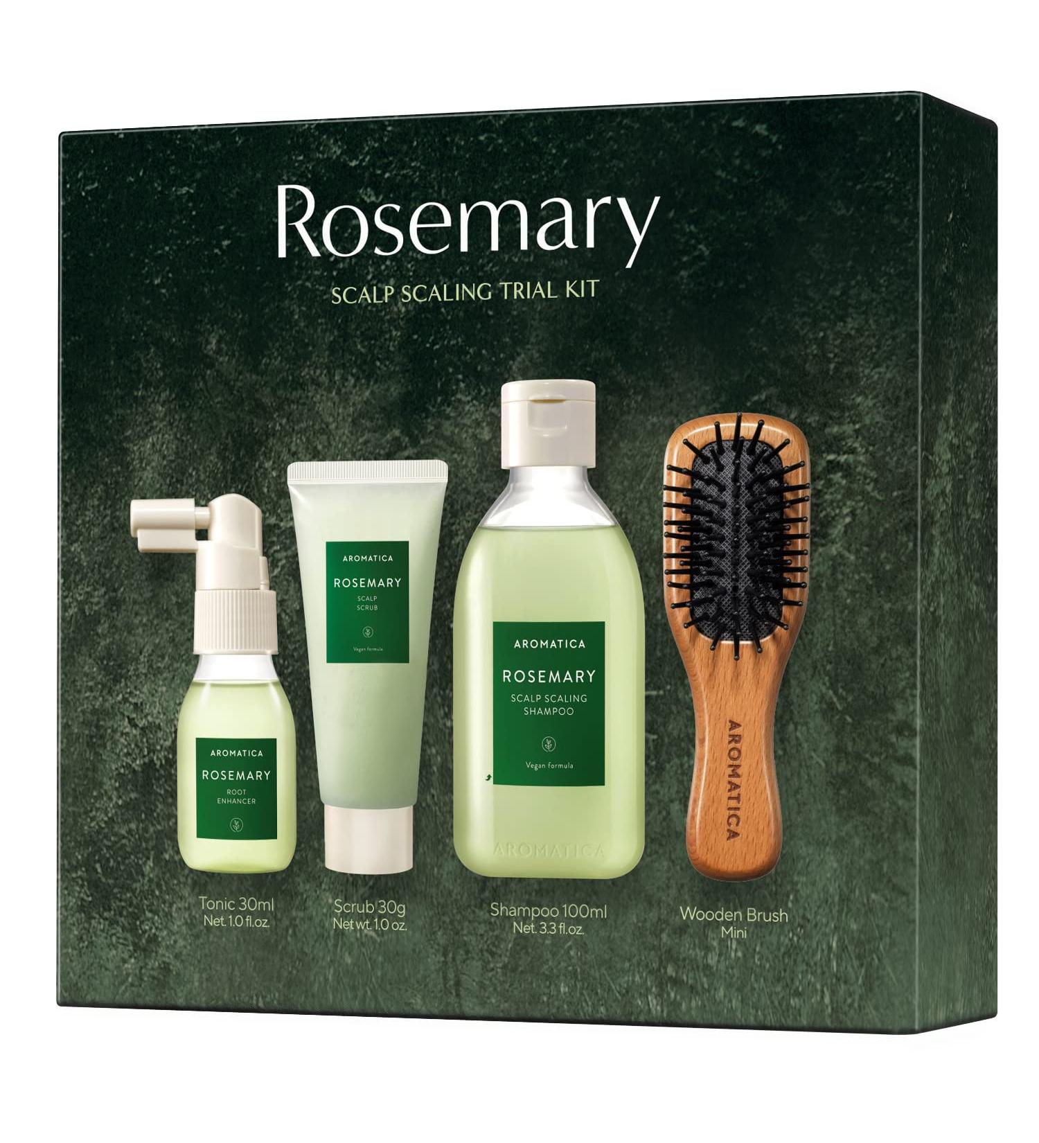 AROMATICA Rosemary Scalp Scaling Trial Kit with Mini Wooden Hair Brush - Clearer, Dandruff-Free Hair - Plant-Based Vegan Shampoo - 3.38 fl. oz Shampoo + 1.01 fl. oz Root Enhancer & Scalp Scrub - Buy Online on GoSupps.com