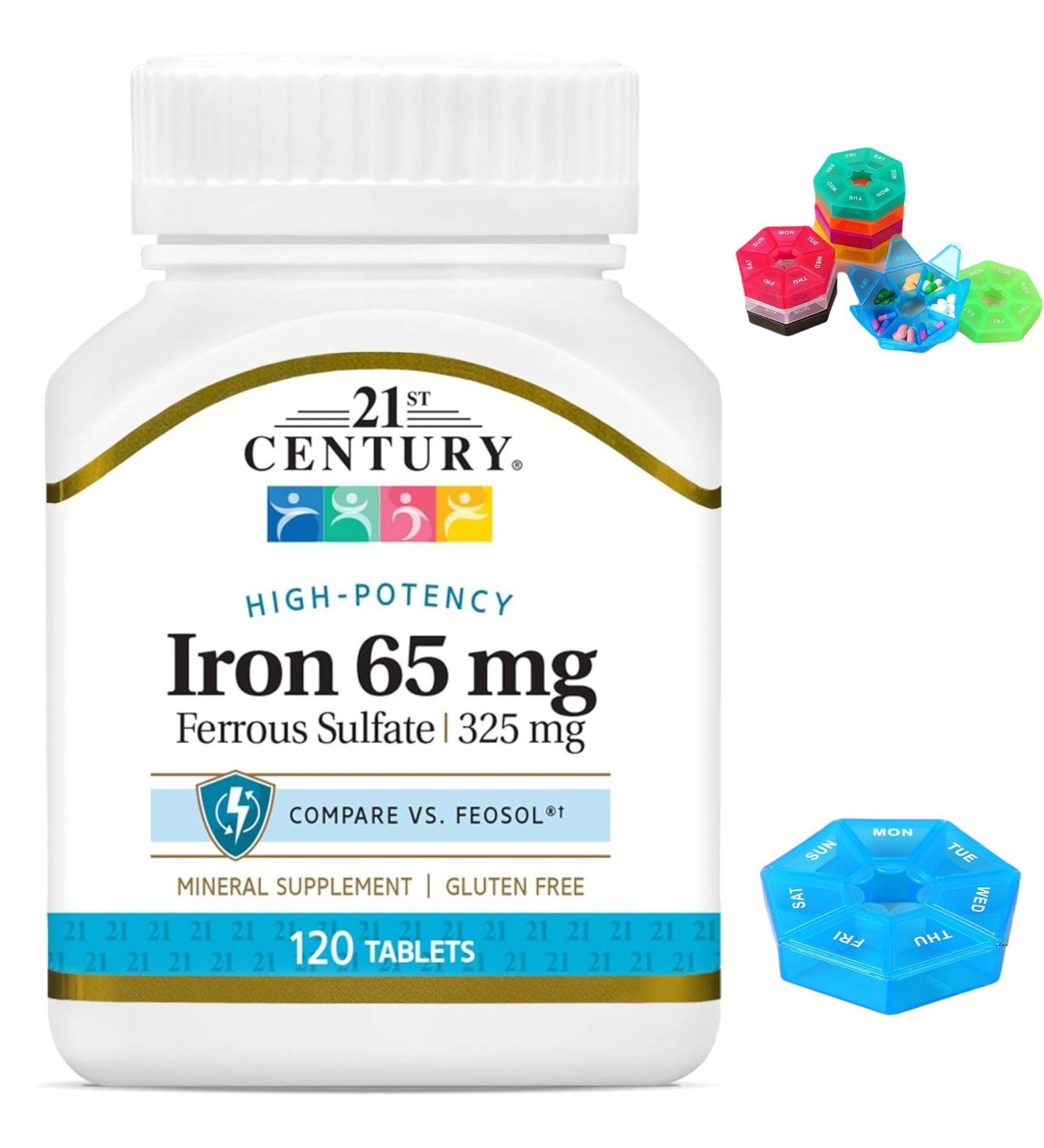 Iron 65 mg Ferrous Sulfate 325 mg Tablets 120 Count Compatible with 21st Century Mineral Supplement Gluten Free Non-GMO + Bonus Pill Organizer Weekly Pill Organizer Mini - Buy Online on GoSupps.com