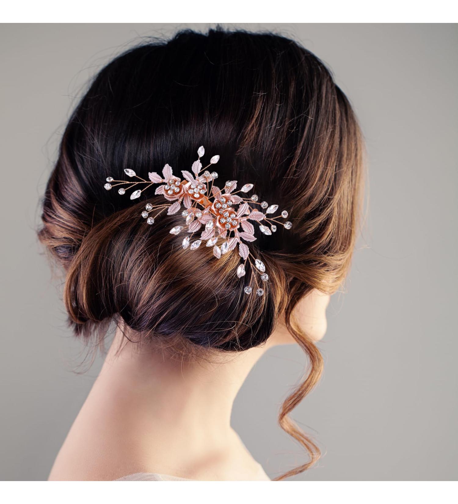 Amaxiu Rhinestone Wedding Hair Clip Flower Bride Hairpiece Crystal Bridal Hair Barrettes Hairpins Wedding Hair Accessories for Women Girls (Rose Gold) - Buy Online on GoSupps.com