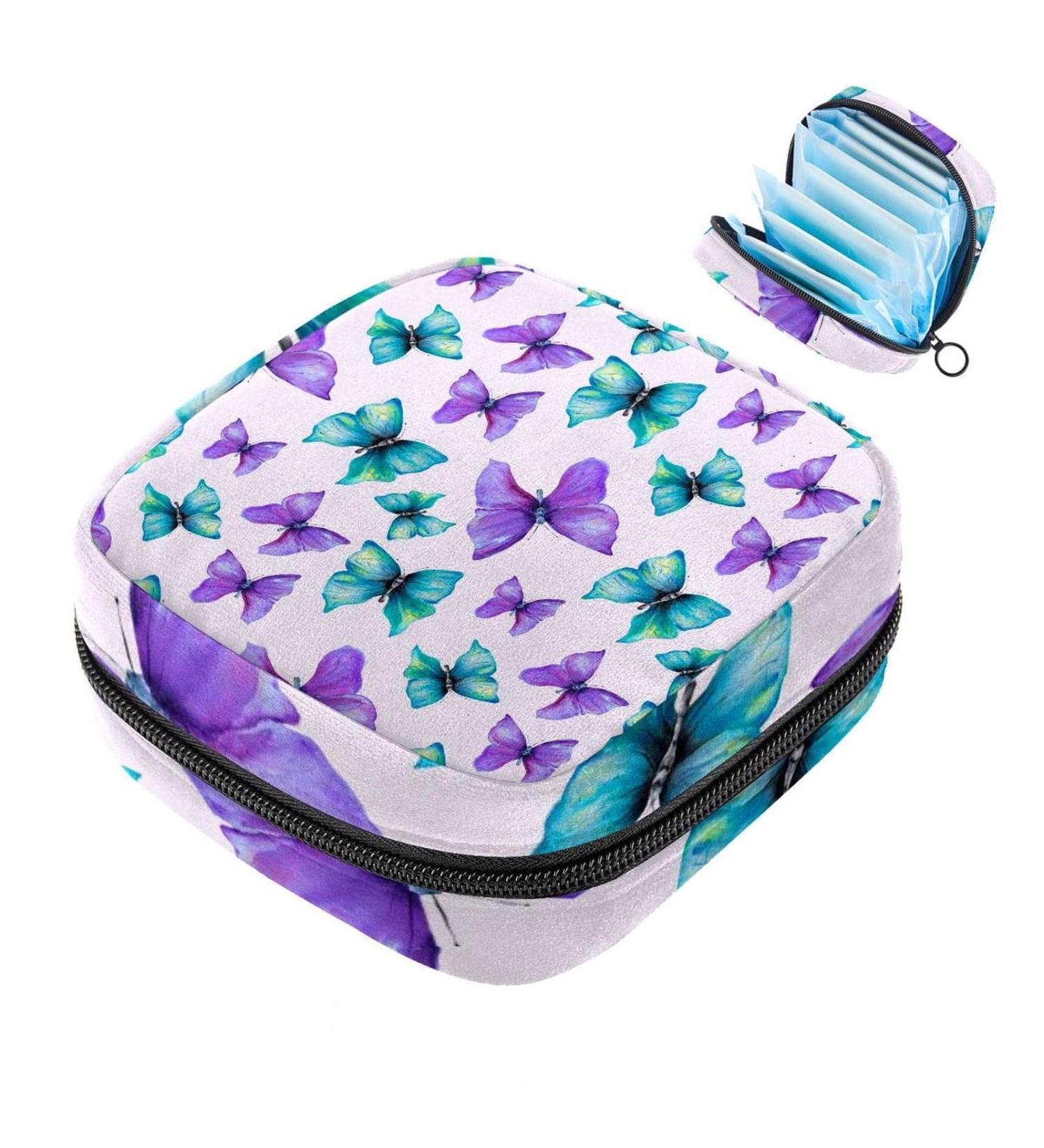 Sanitary Napkin Storage Bag with Zipper for Women & Teens - Purple Green Butterfly Design - Buy Online on GoSupps.com