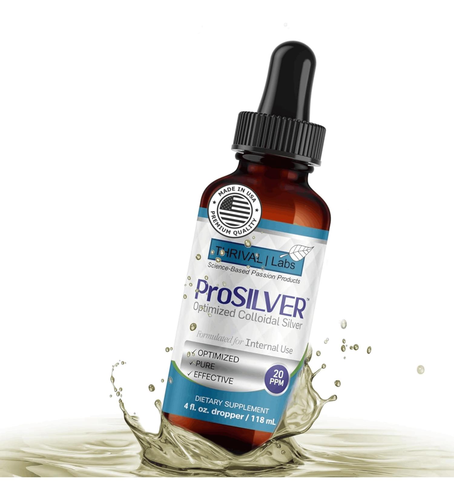 ProSILVER Blue Label 20 PPM True Colloidal Silver Liquid Drops (4oz Dropper) Optimized Bio-Active Nano-Sized Liquid Silver for Mineral Support Dark Glass Bottle - Thrival Labs (Plata coloidal) 4 Fl Oz (Pack of 1) - Buy Online on GoSupps.com