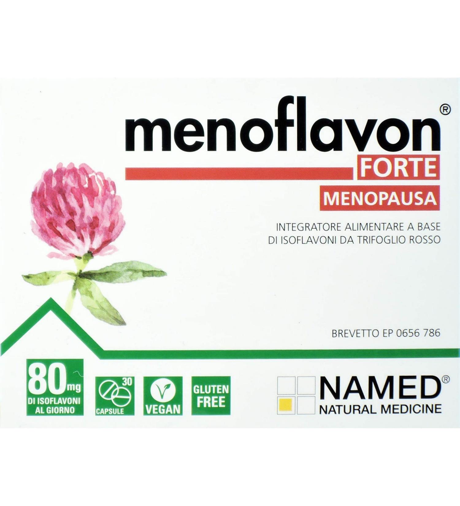 Named Menoflavon Forte 30 Capsules a dietary supplement for menopausal symptoms based on red clover isoflavones.